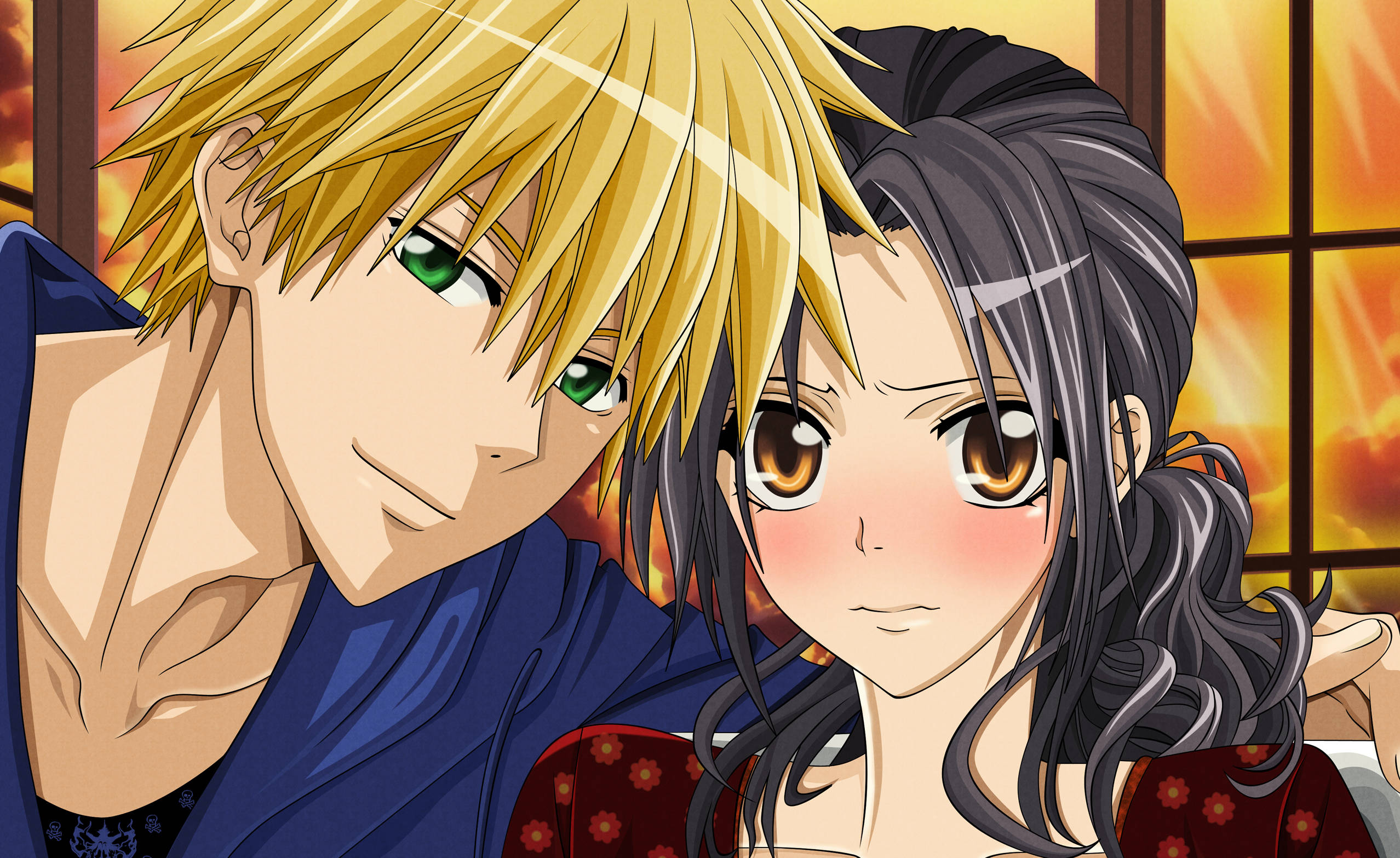 學生會長是女僕 甜蜜的 Misaki Usui 壁紙 — 一對金髮和深色頭髮的動漫情侶特寫，在發光的窗戶背景下分享溫暖親密的時刻。