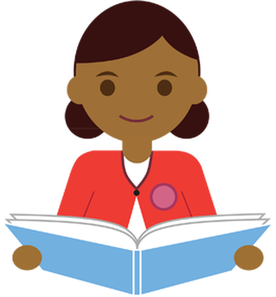 學生閱讀書籍剪貼圖 壁紙 — 一位開心的卡通女性，棕色頭髮，穿著紅色外套，正在閱讀一本藍色的書。