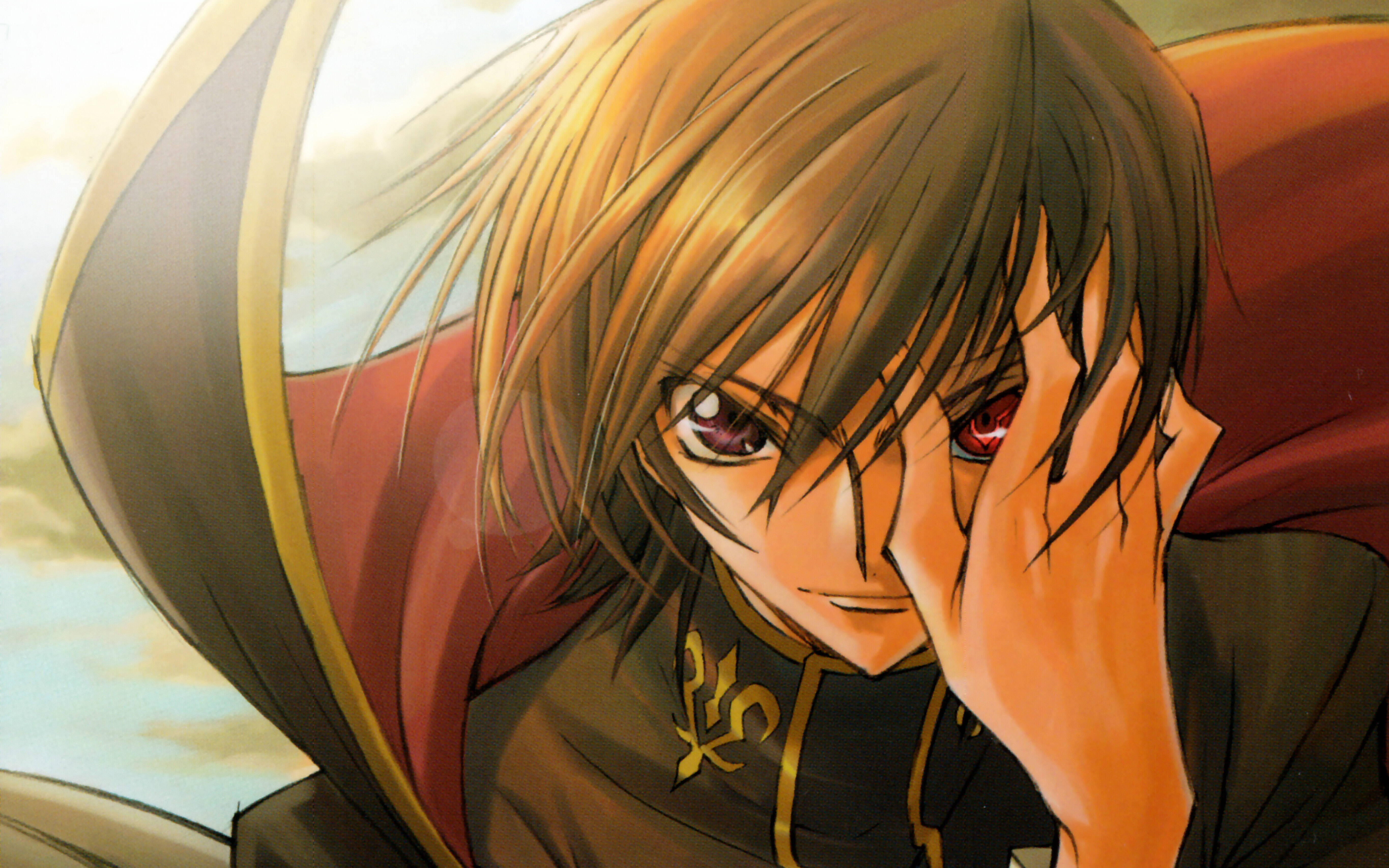 學生魯路修啟動Geass 壁紙 — 一個近距離動漫角色，金色頭髮和紅色眼睛，用手部分遮住臉，背景是柔和天空。