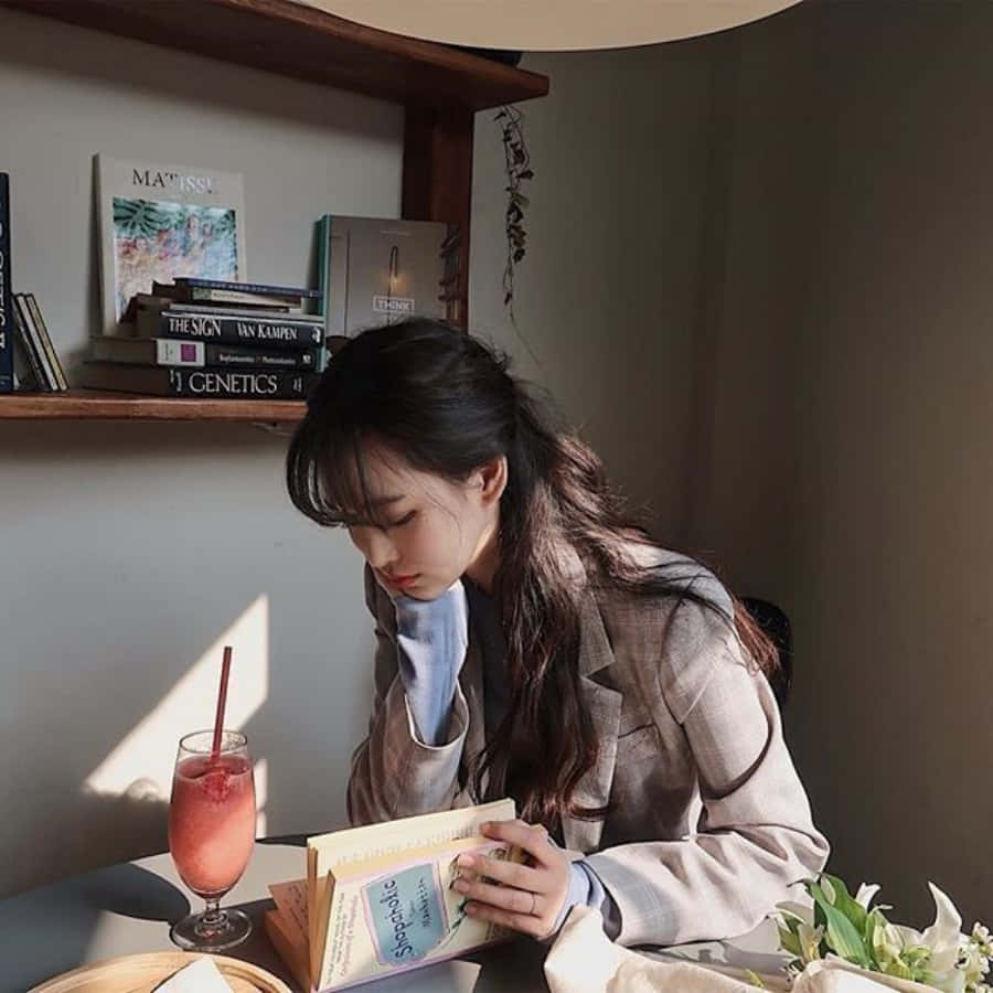 學習女孩閱讀圖像 壁紙 — 一位黑髮年輕女性在陽光照射的桌子旁閱讀一本書，旁邊有粉紅色飲料和白色花朵。