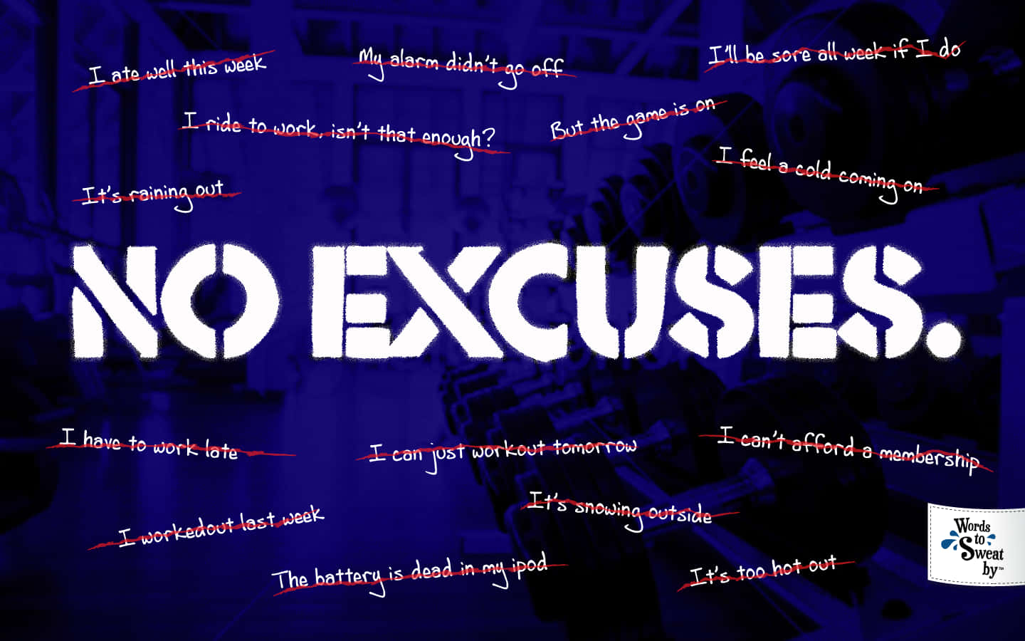 學習新單字及其含義 壁紙 — 粗體白色「NO EXCUSES」文字主導深藍色背景，背景上充滿了被劃掉的藉口，例如「我這週吃得好」和「外面下雨」。