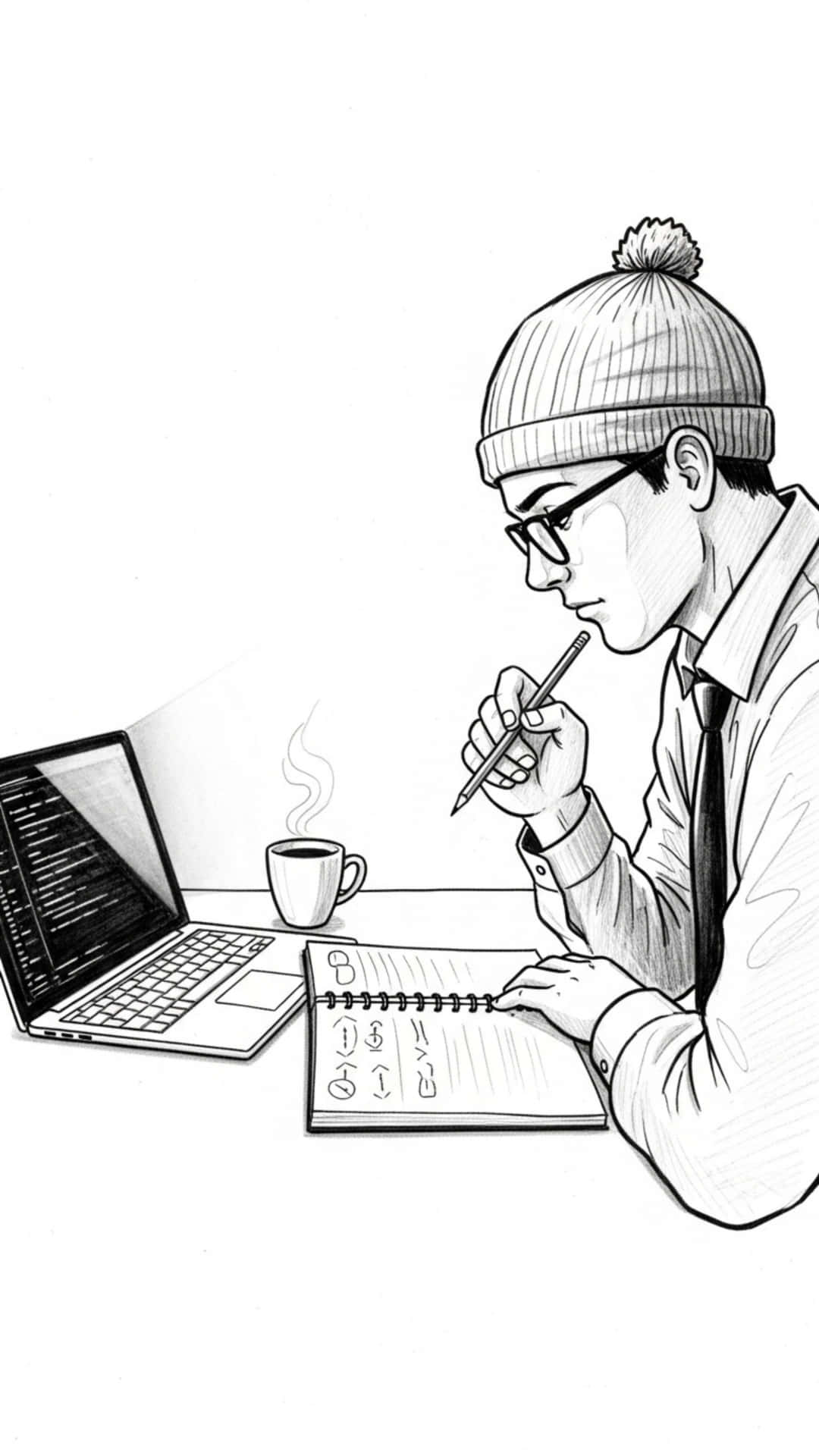 戴冷帽和眼鏡的人，在筆記型電腦和咖啡旁邊寫筆記。