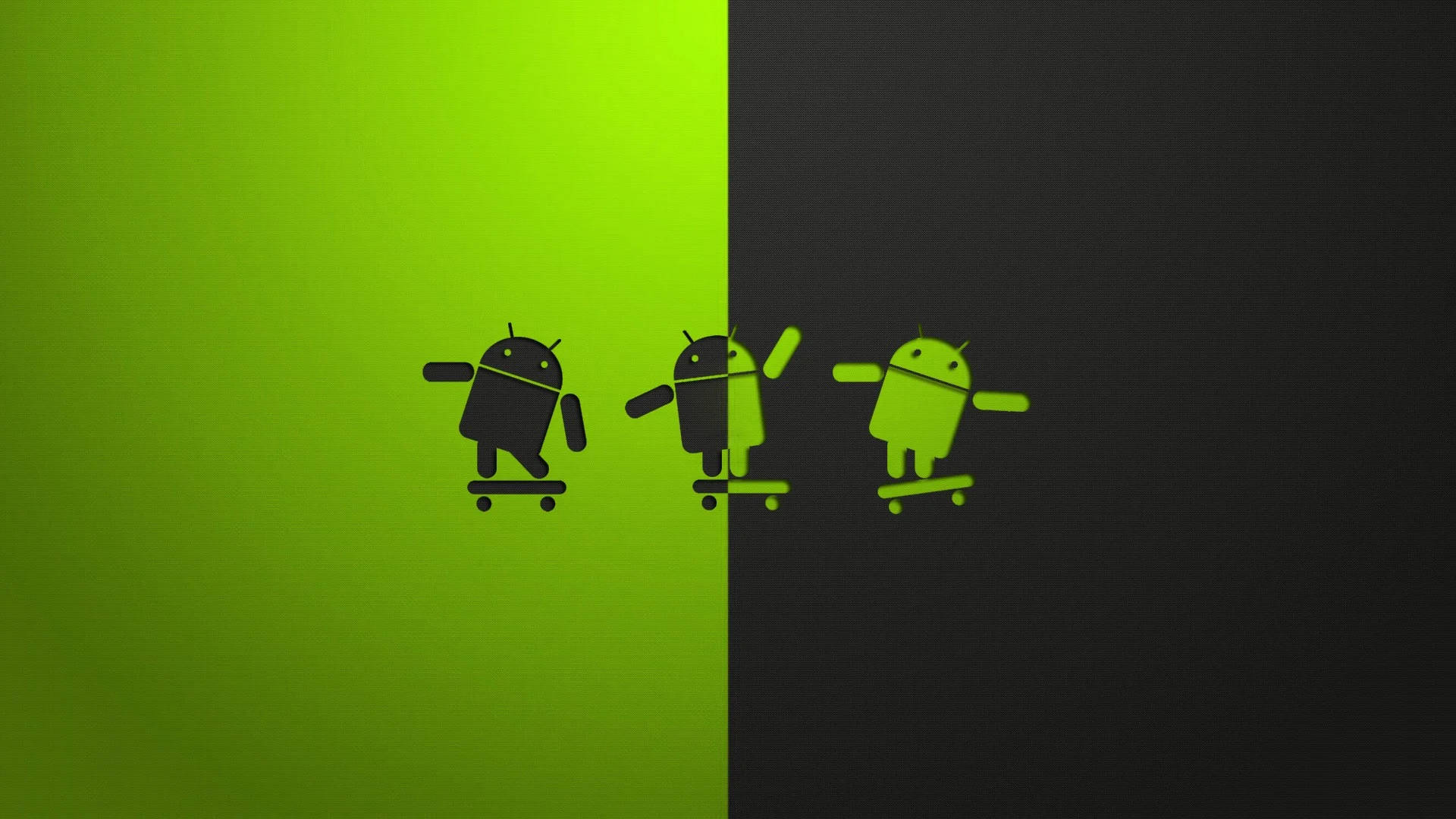 三個Android機械人圖標在綠色和黑色分割的背景上玩滑板。