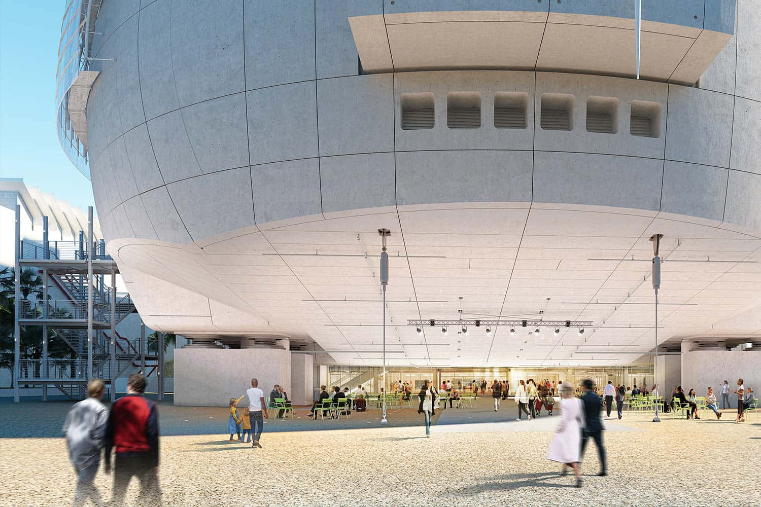 學院動畫博物館建築概念圖 壁紙 — 一個現代建築結構，帶有彎曲的混凝土外牆，遮蔽了一個熙熙攘攘的廣場，人們在明亮的日光下漫步並坐在綠色桌子旁。