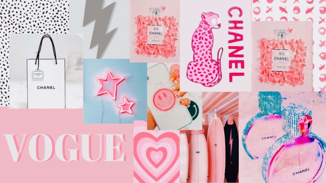 粉紅色 Chanel 時尚拼貼畫，包含香水瓶、購物袋和霓虹星星。