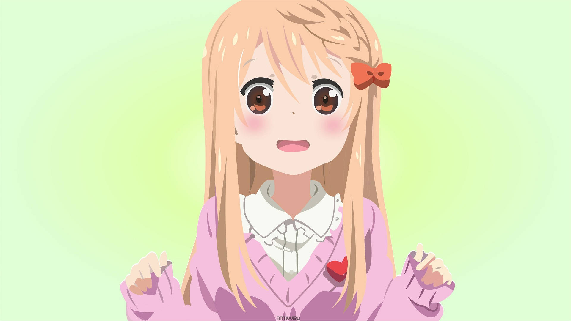 宇丸可愛擔心表情 壁紙 — 一個開心的動漫女孩，金髮和紅色蝴蝶結，在柔和的綠色背景上溫暖地微笑。