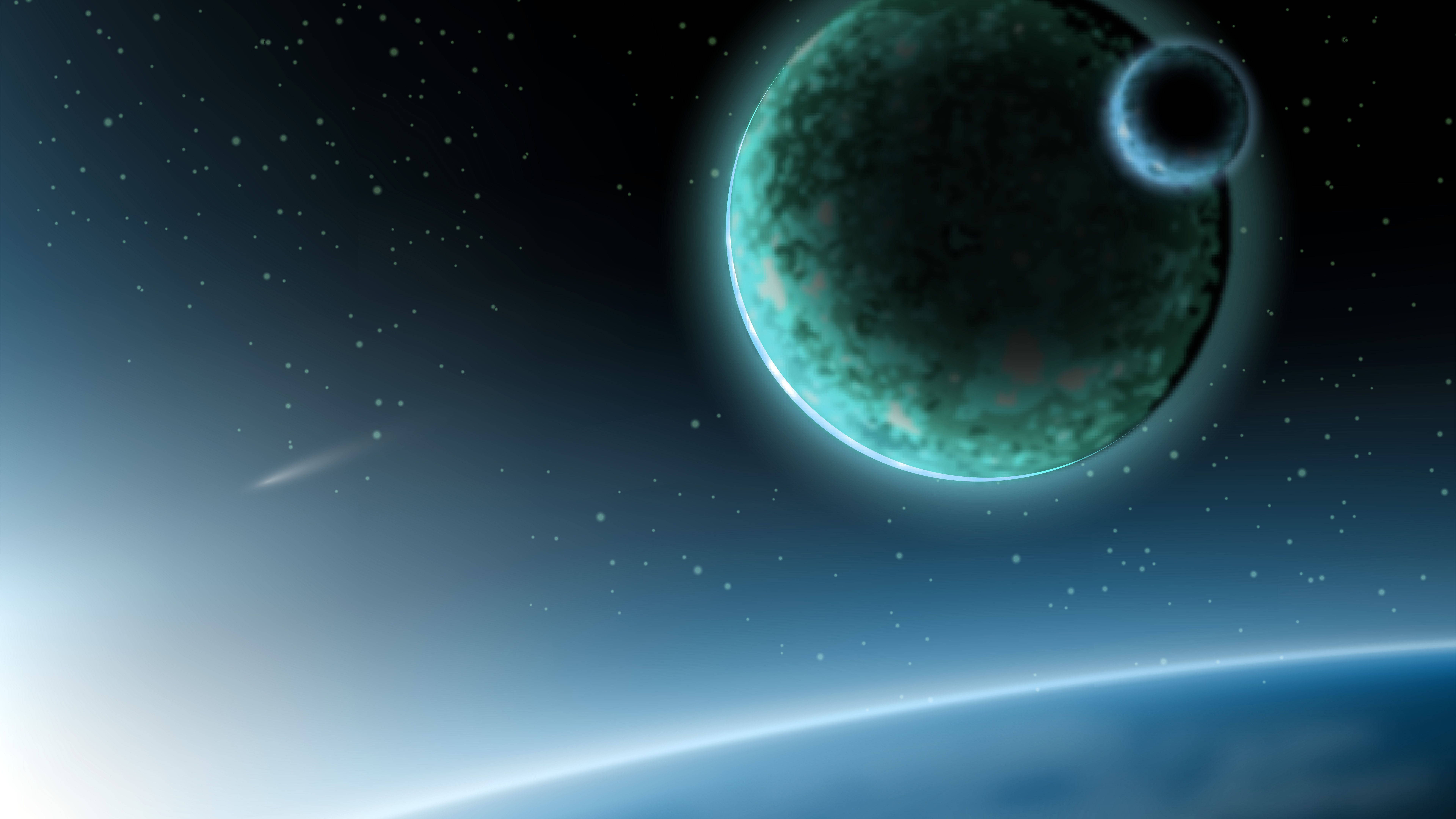 宇宙 8K 7680x4320 超高清解析度桌面壁紙 壁紙 — 一顆發光的青綠色行星和一顆黑暗的衛星在彎曲的藍色地平線上方環繞星空。
