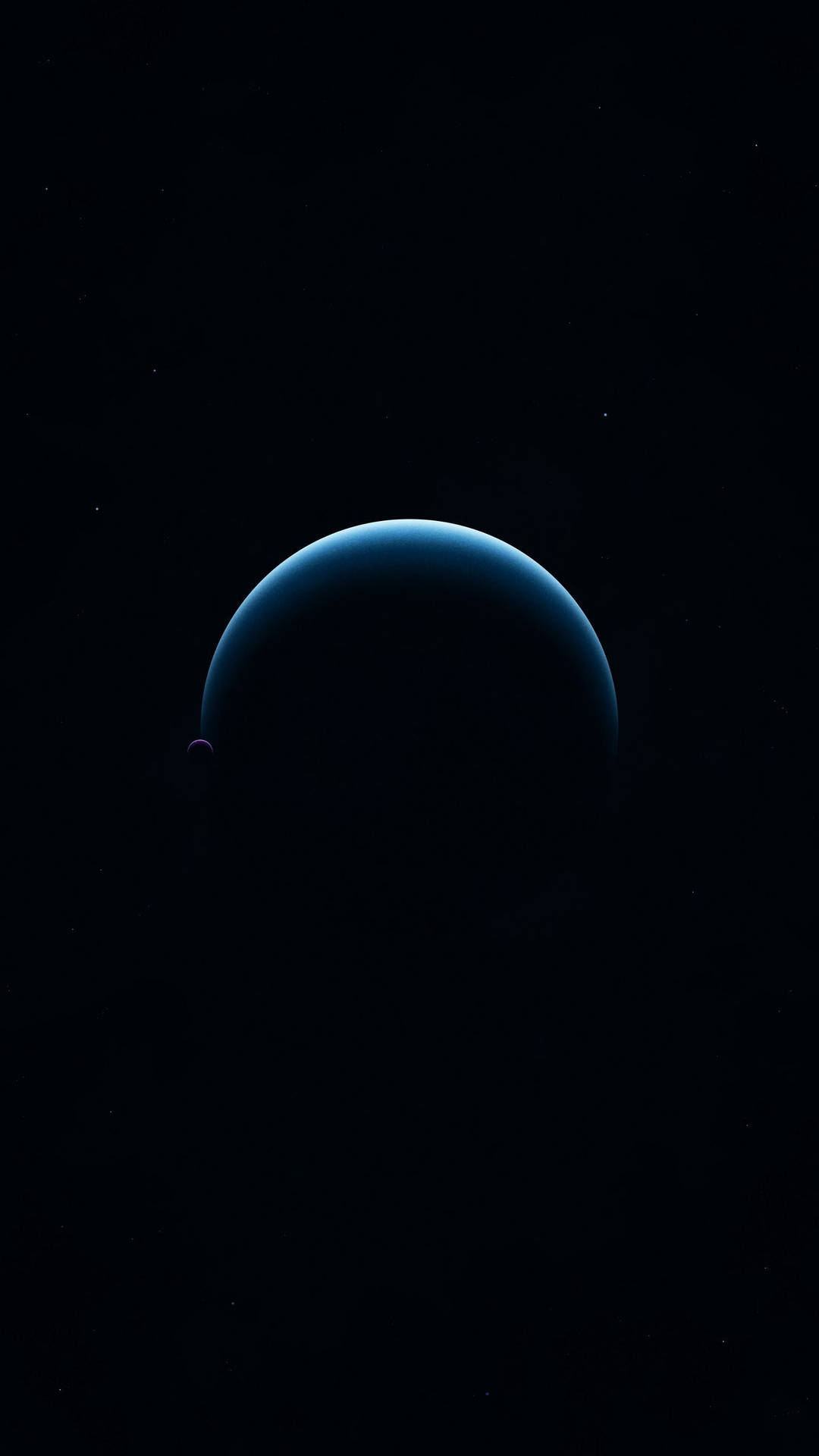 一顆發光的藍色行星，帶有一顆小衛星，在繁星點點的夜空中。