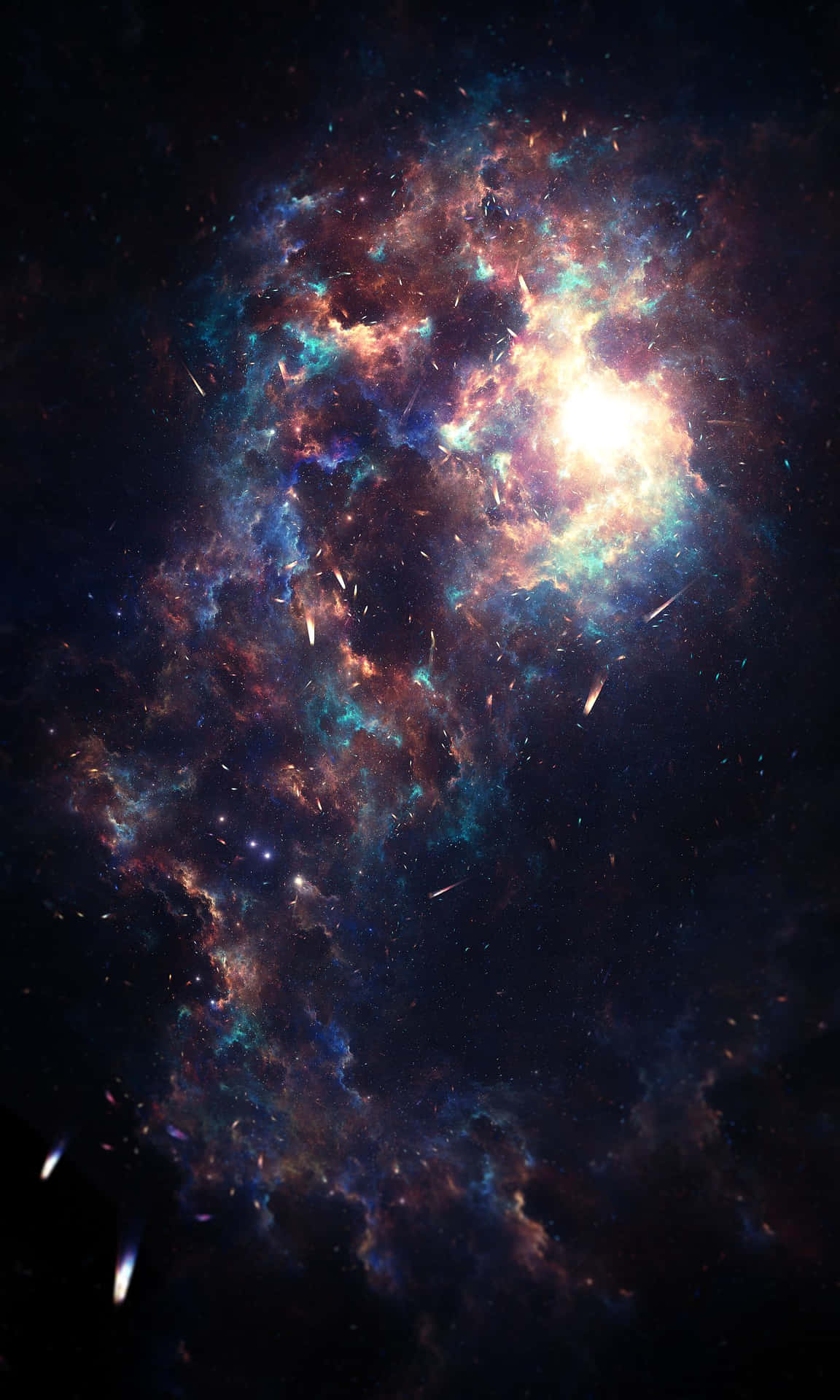 在深空中閃耀的彩色星雲，帶有星跡。