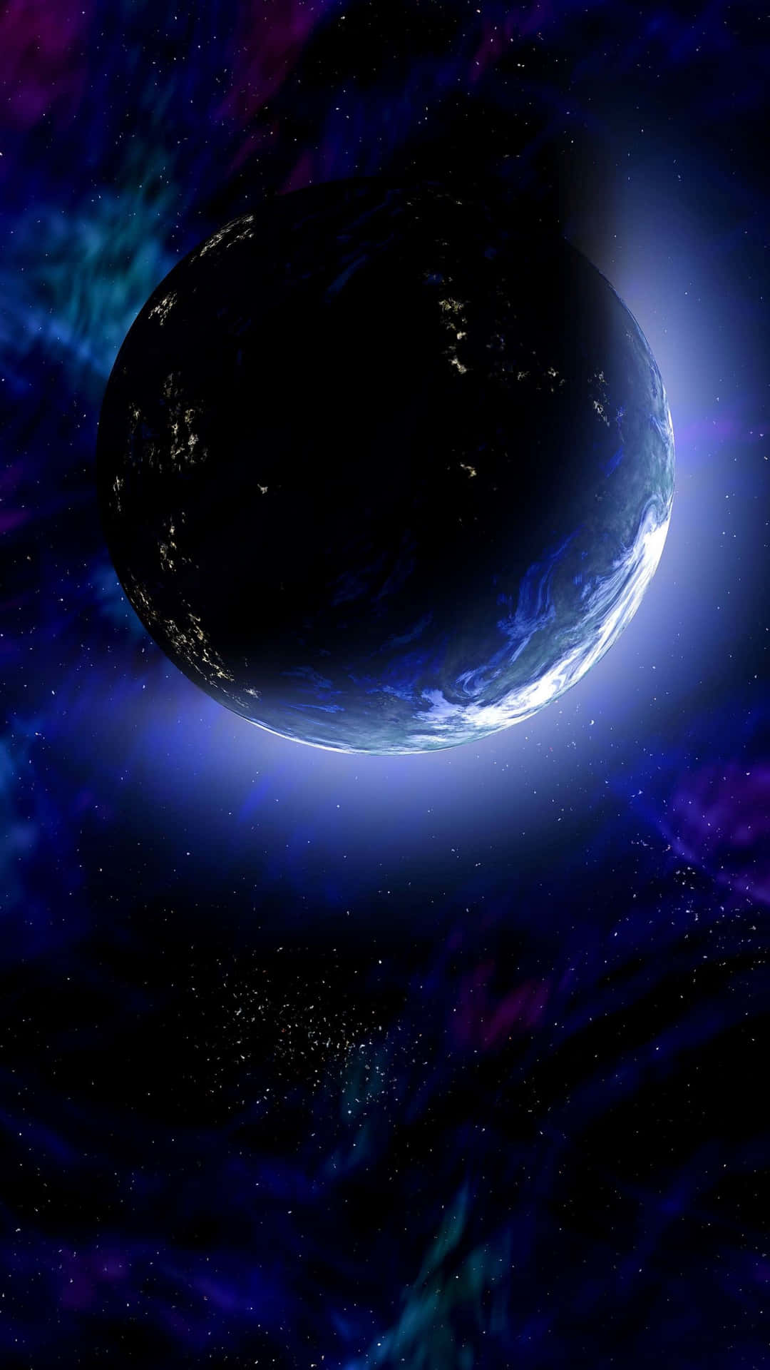 在色彩繽紛的星雲中，帶有發光城市和旋轉雲層的行星。