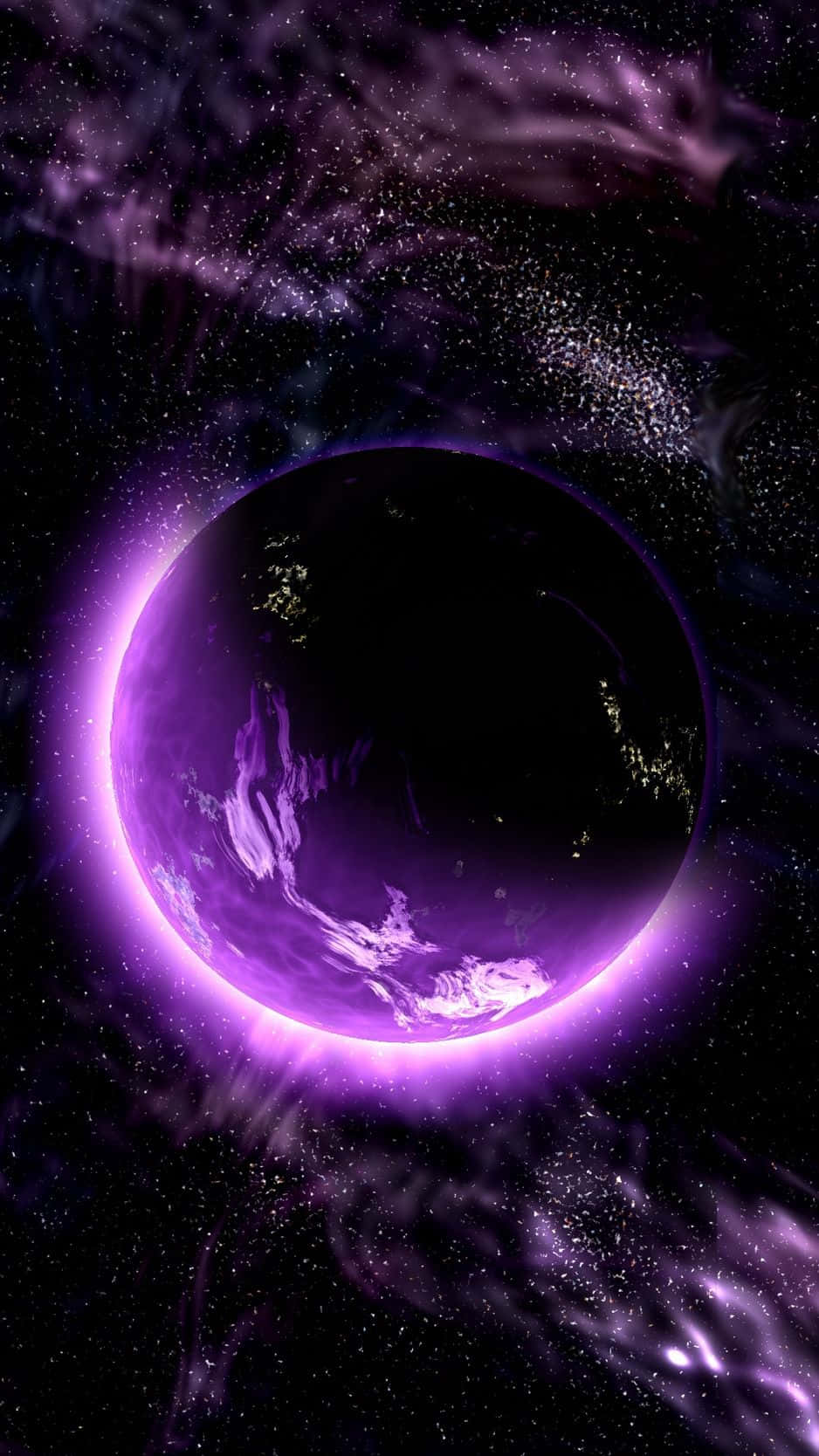 在繁星點點的星雲中，一顆帶有發光大氣和城市燈光的紫色行星。