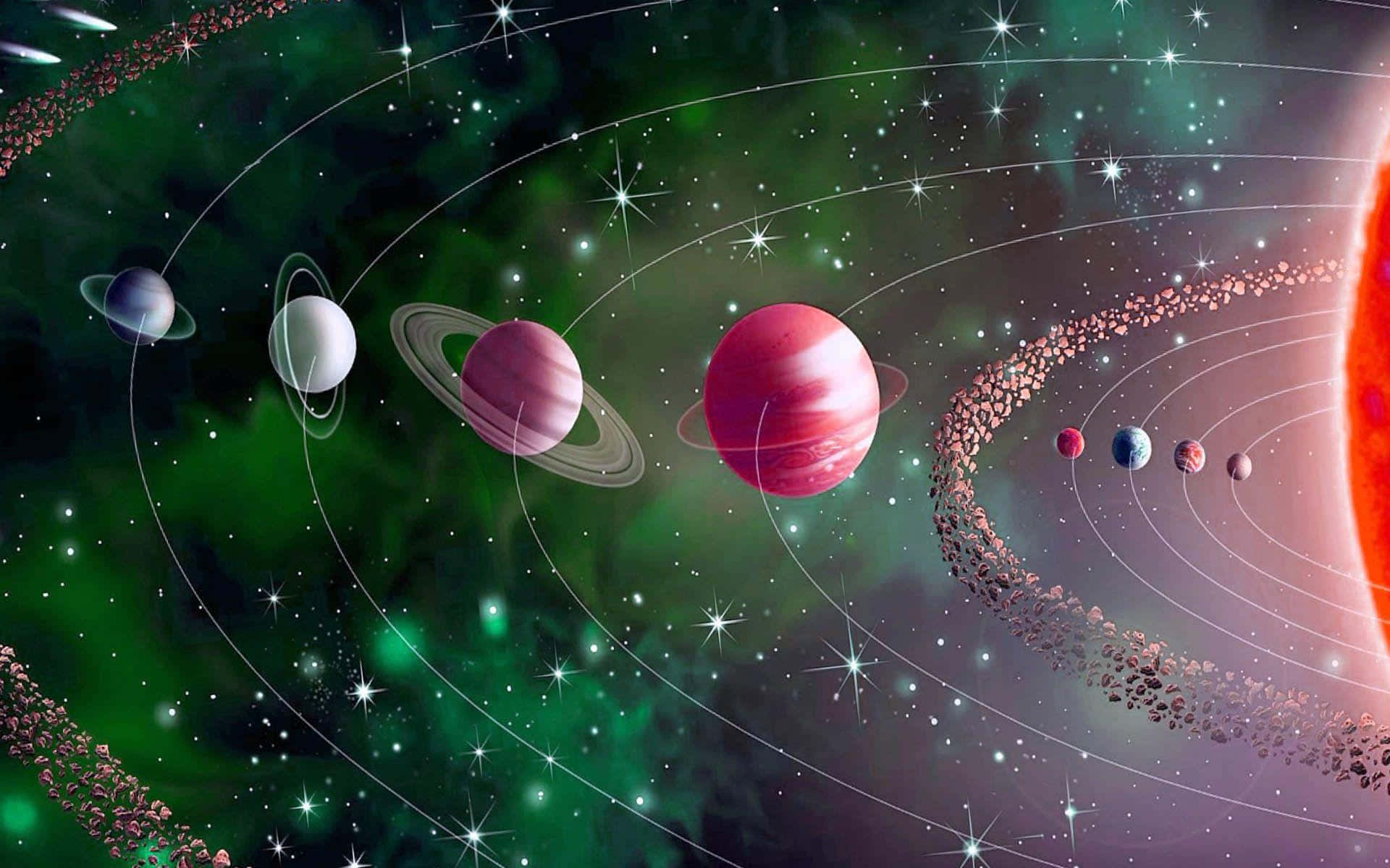 宇宙_太陽系_藝術作品 壁紙 — 一個充滿活力的宇宙場景，色彩繽紛的行星圍繞著發光的太陽運行，背景是繁星點點的綠色星雲。