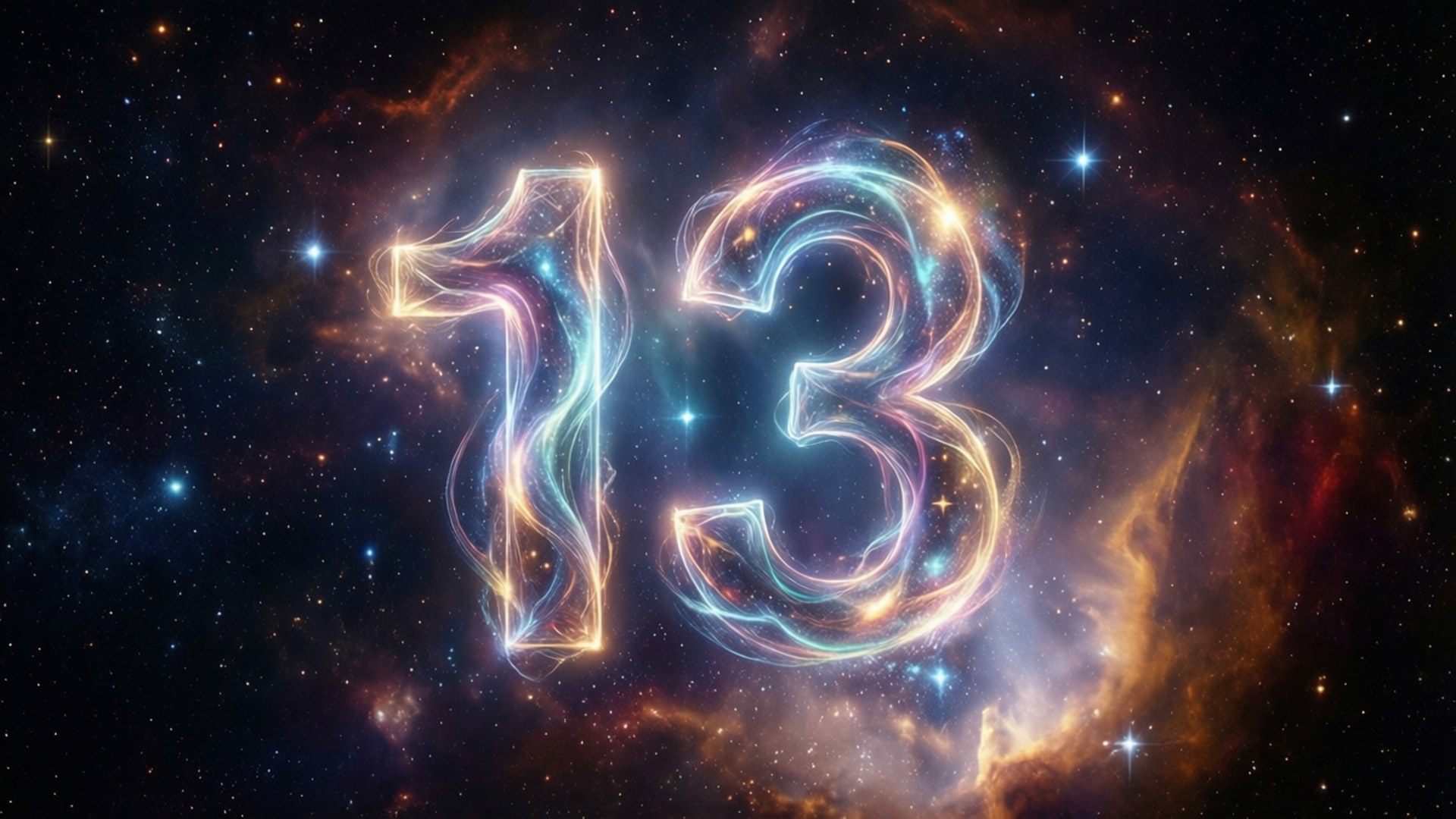 宇宙13號 壁紙 — 數字十三在藍色、橙色和紫色的星空宇宙星雲背景下，發出電光極光般的光芒。