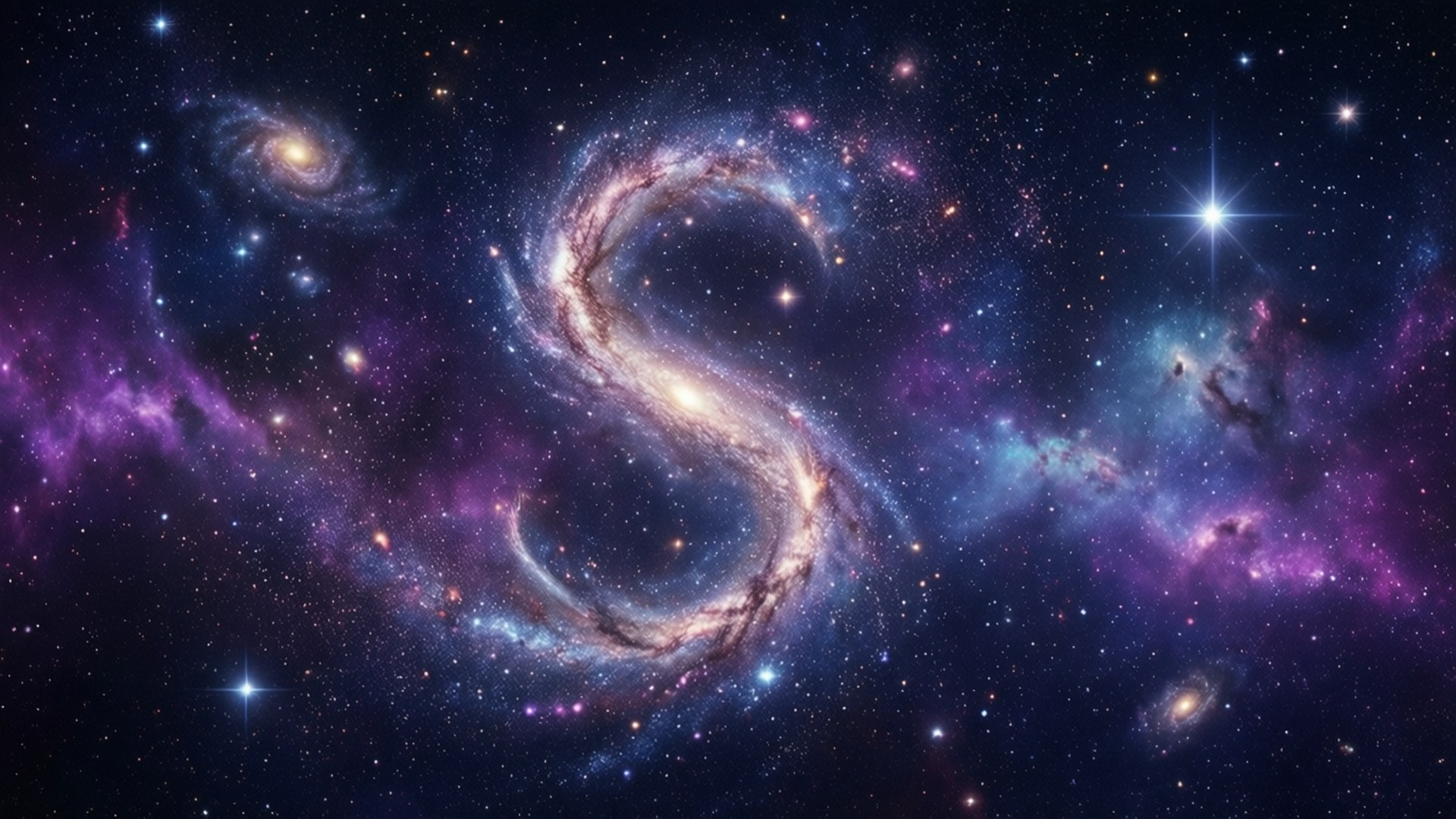深空中帶有紫色和藍色星雲及明亮恆星的S形星系。