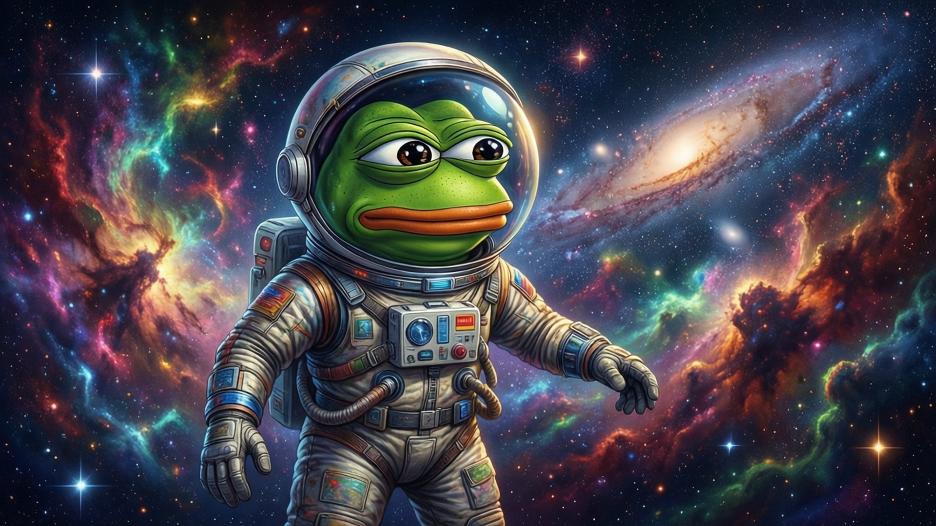 一隻綠色青蛙太空人在色彩繽紛的太空中漂浮，背後有星雲和星星。
