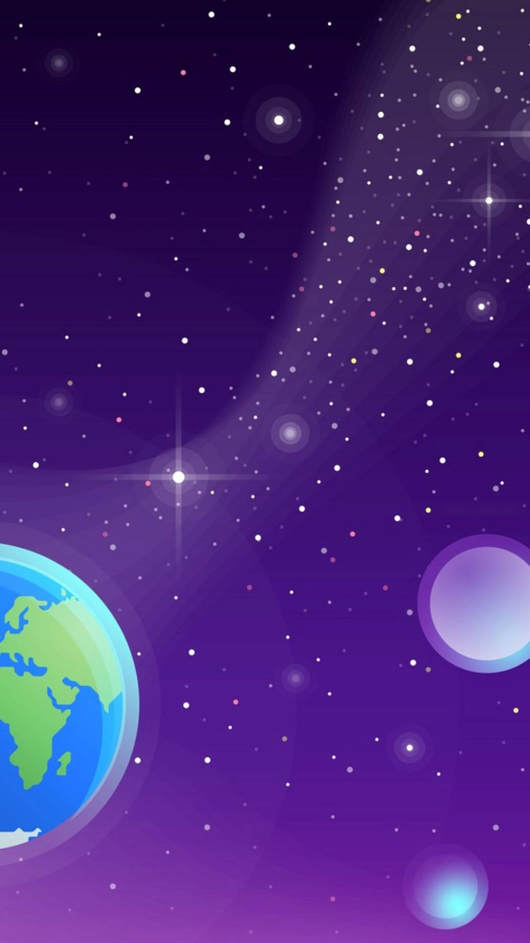 宇宙中的地球 壁紙 — 一個充滿活力的紫色宇宙場景，地球和發光的球體漂浮在閃爍的星星之間。