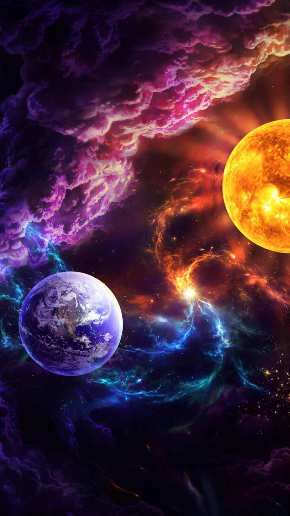 宇宙中的地球與太陽 壁紙 — 一個充滿活力的宇宙場景，地球和發光的太陽在旋轉的紫色、橙色和藍色星雲中。
