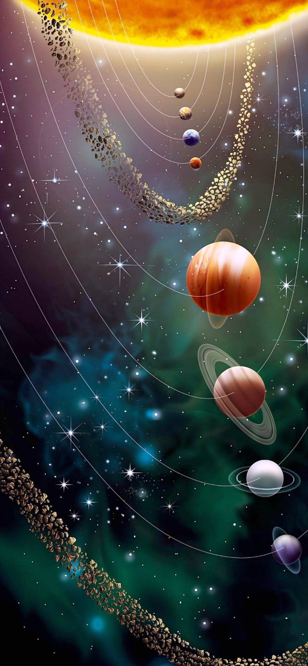 宇宙中的太陽系 壁紙 — 一個充滿活力的宇宙場景，行星圍繞著發光的太陽運行，周圍環繞著旋轉的星雲和閃爍的星星。