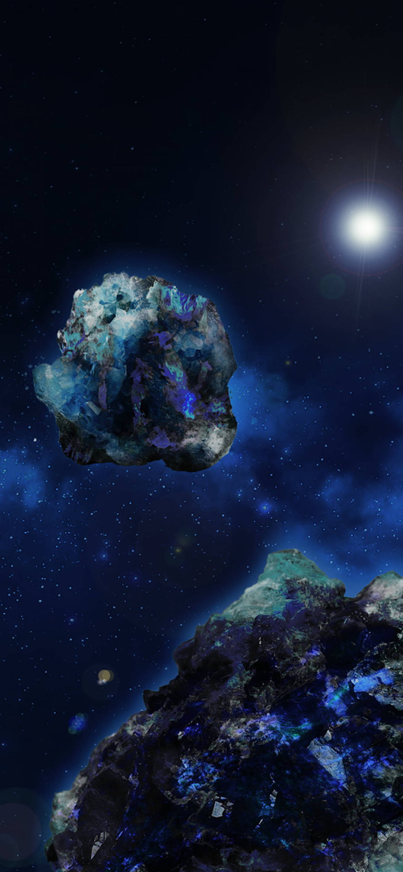 宇宙中的小行星 壁紙 — 一顆發光的藍色水晶小行星在繁星點點的宇宙虛空中漂流，遠處有一顆明亮的太陽。