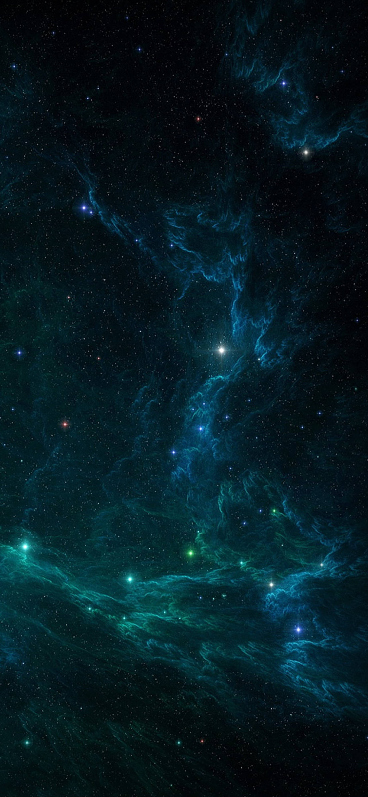 宇宙中的星光點點 壁紙 — 一個宇宙景觀，發光的青綠色和藍色星雲在星場中旋轉，映襯著深邃的黑色虛空。