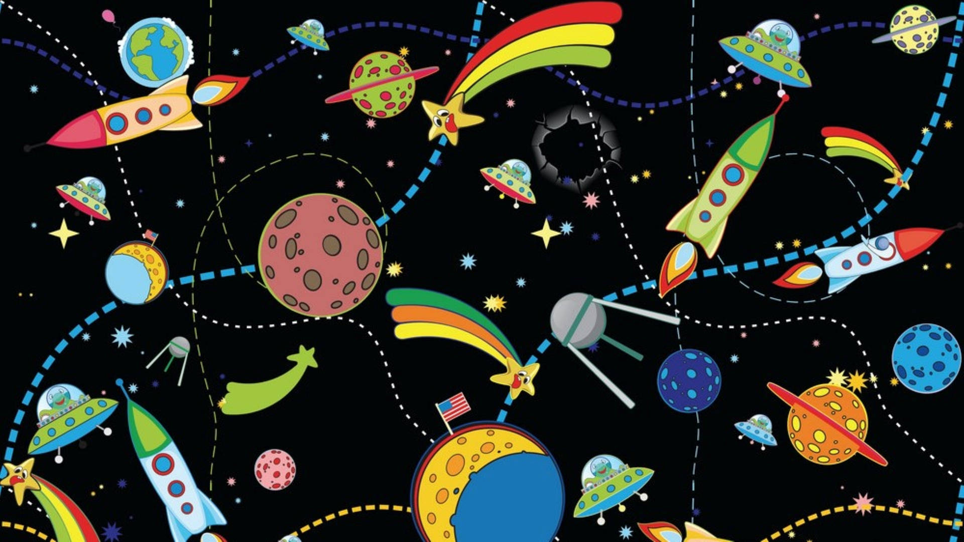 宇宙中的火箭向量圖 壁紙 — 充滿活力的卡通火箭和UFO在佈滿星星的太空翱翔，太空中有色彩繽紛的行星和彩虹軌跡。