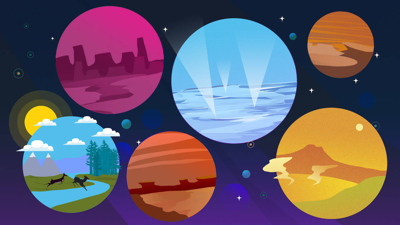 漂浮的彩色行星，帶有外星景觀，背景是星空。