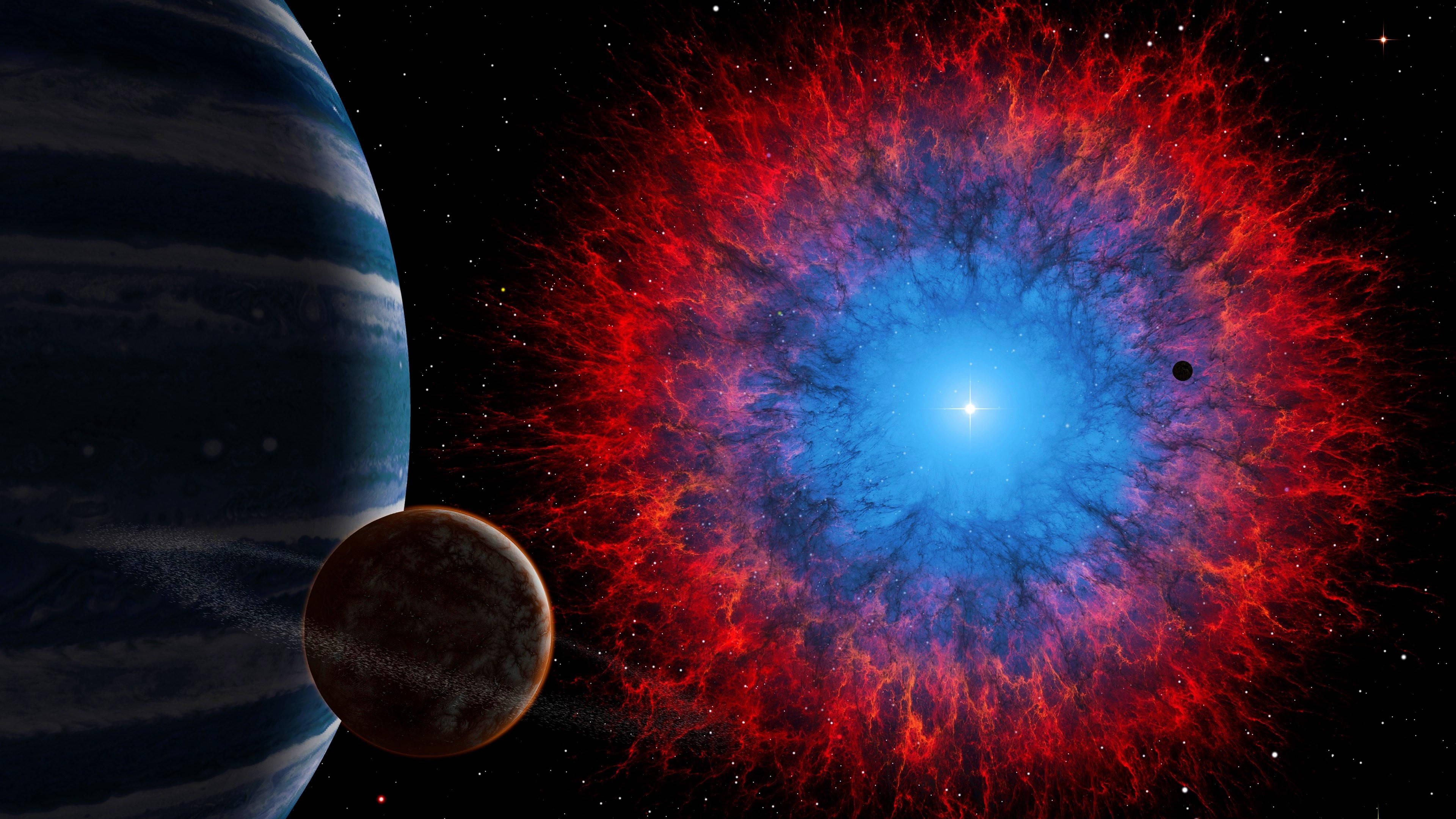 宇宙中的紅色星雲 壁紙 — 一個宇宙星雲帶有鮮豔的紅色和藍色觸手，從一顆明亮的恆星輻射出來，兩顆行星在深空中附近軌道運行。