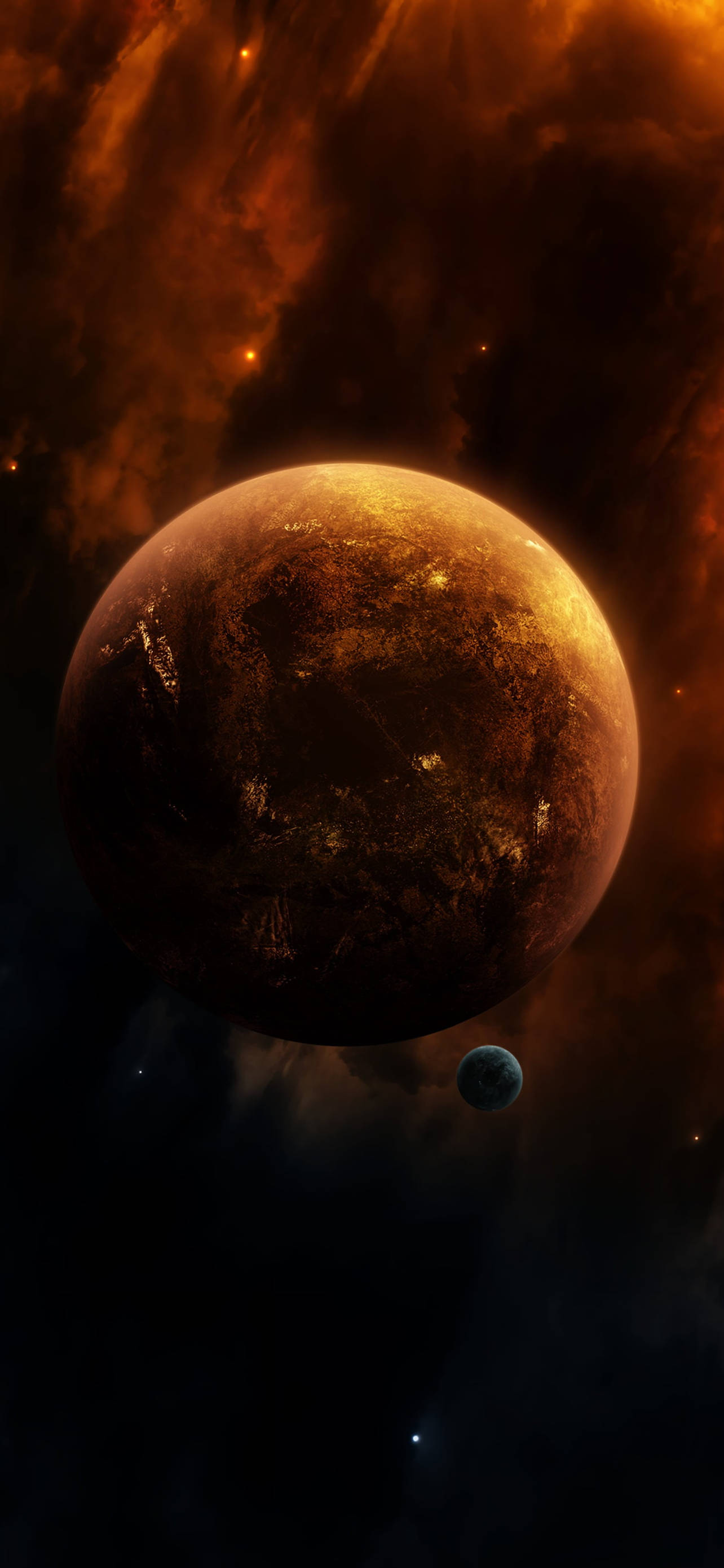 宇宙中的紅色行星 壁紙 — 一顆巨大的熾熱行星主宰著宇宙場景，下方有旋轉的橙色星雲和一顆較小的藍色衛星。