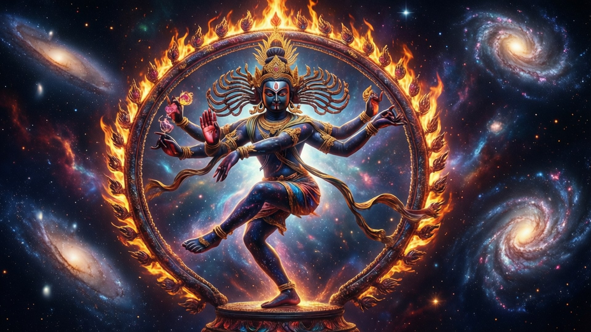宇宙中的納拉雅之舞 壁紙 — 一位多臂的宇宙神祇在火焰環中起舞，背景是旋轉的星系和星星。