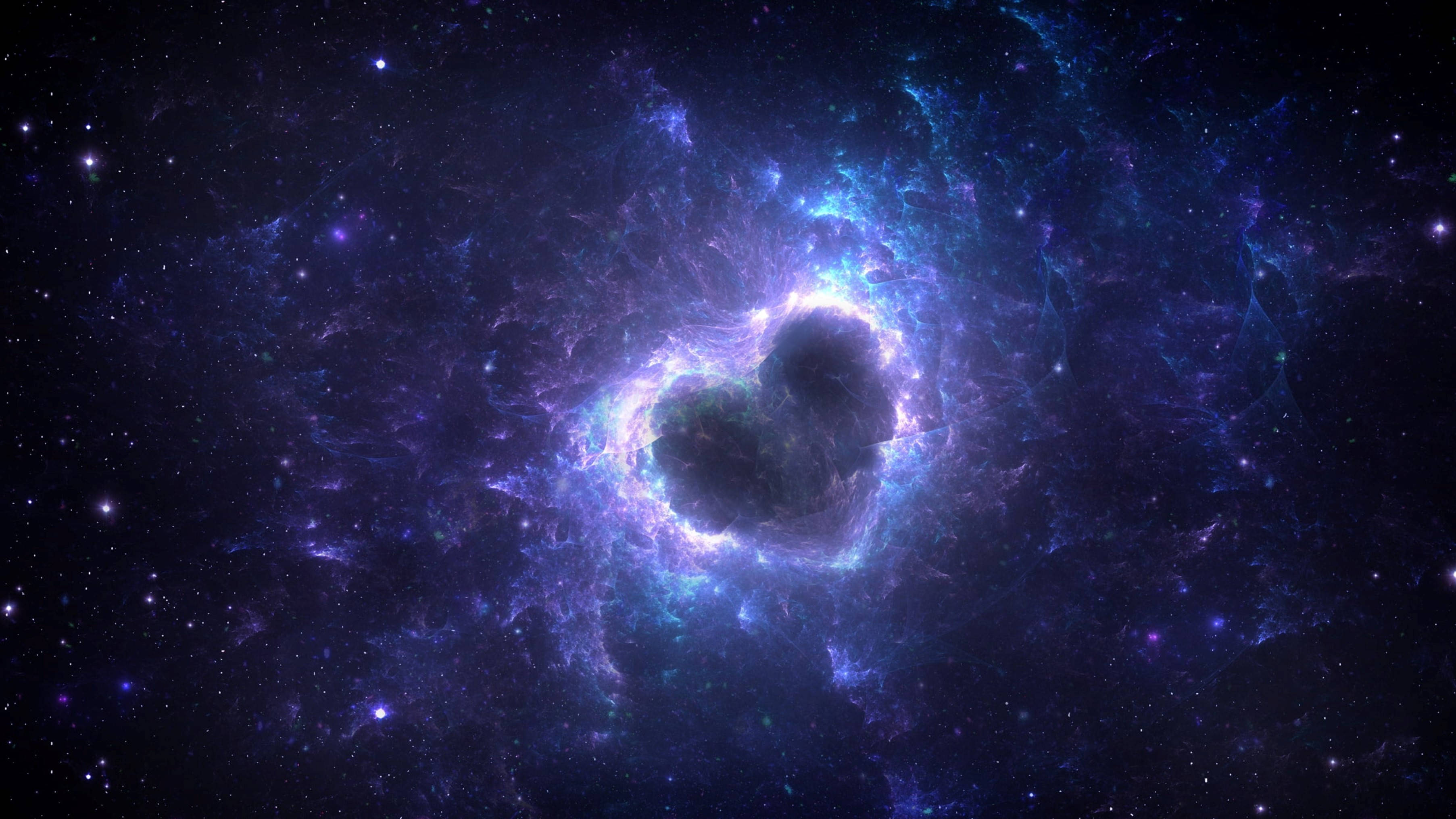 宇宙中的紫色心形 壁紙 — 一個宇宙星雲在深空中發出電藍色和紫色的光芒，環繞著一個黑暗的心形空洞。