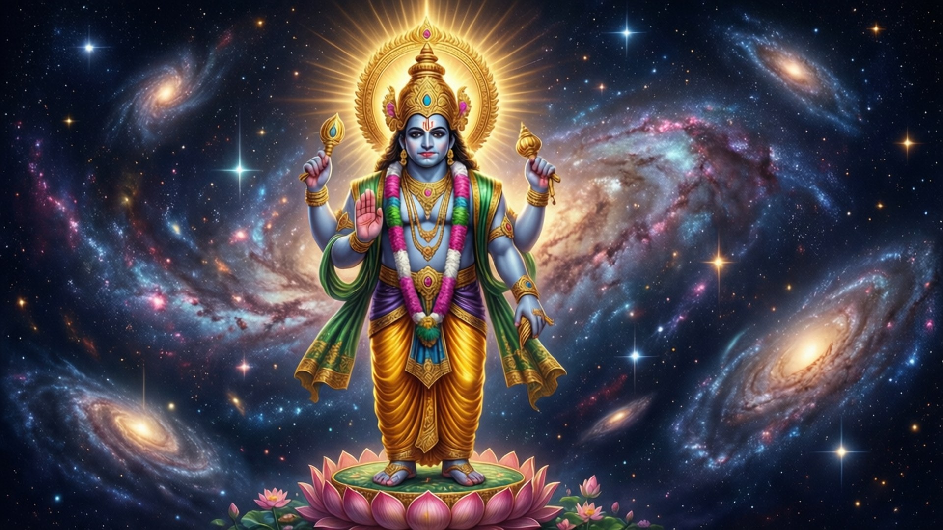 神聖的印度教神祇站在蓮花上，處於星空宇宙場景中。