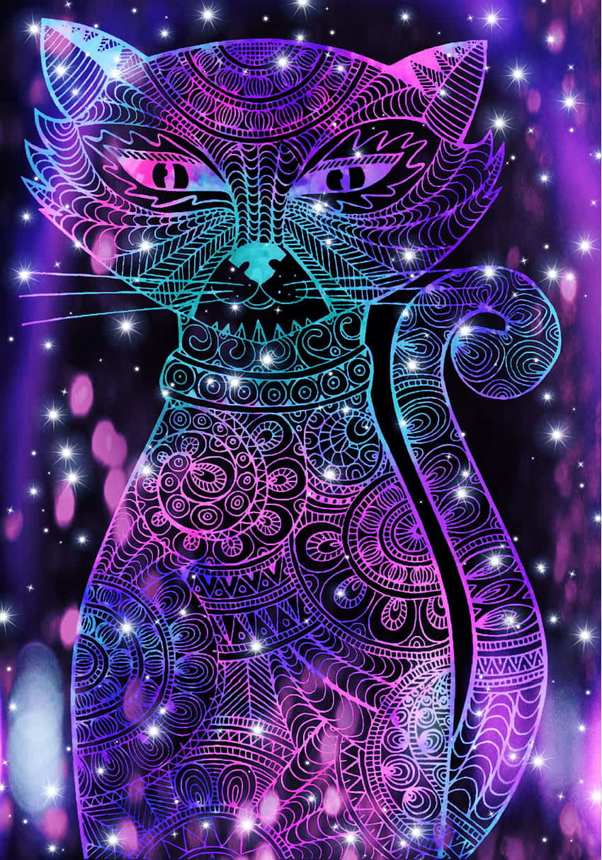 一隻風格化的貓，帶有發光圖案，背景是星空。
