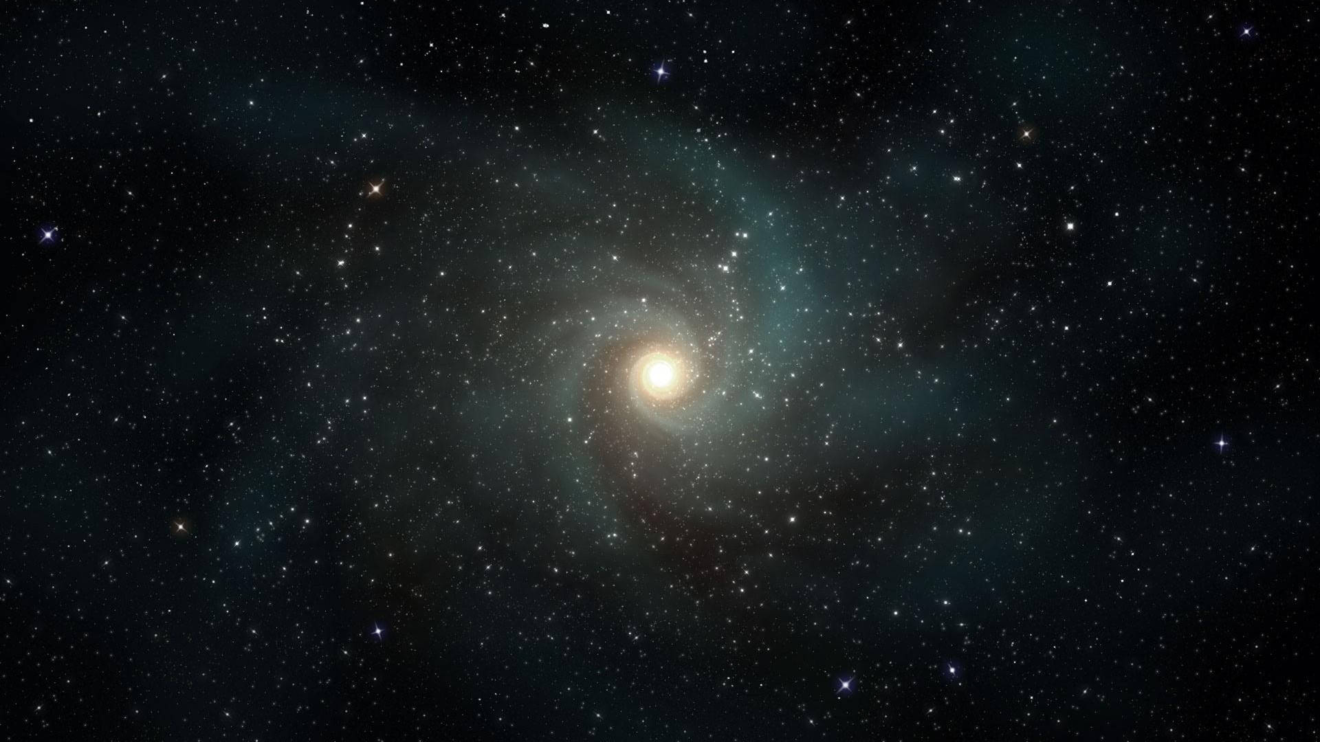 在星空中帶有明亮核心和藍綠色塵埃雲的螺旋星系