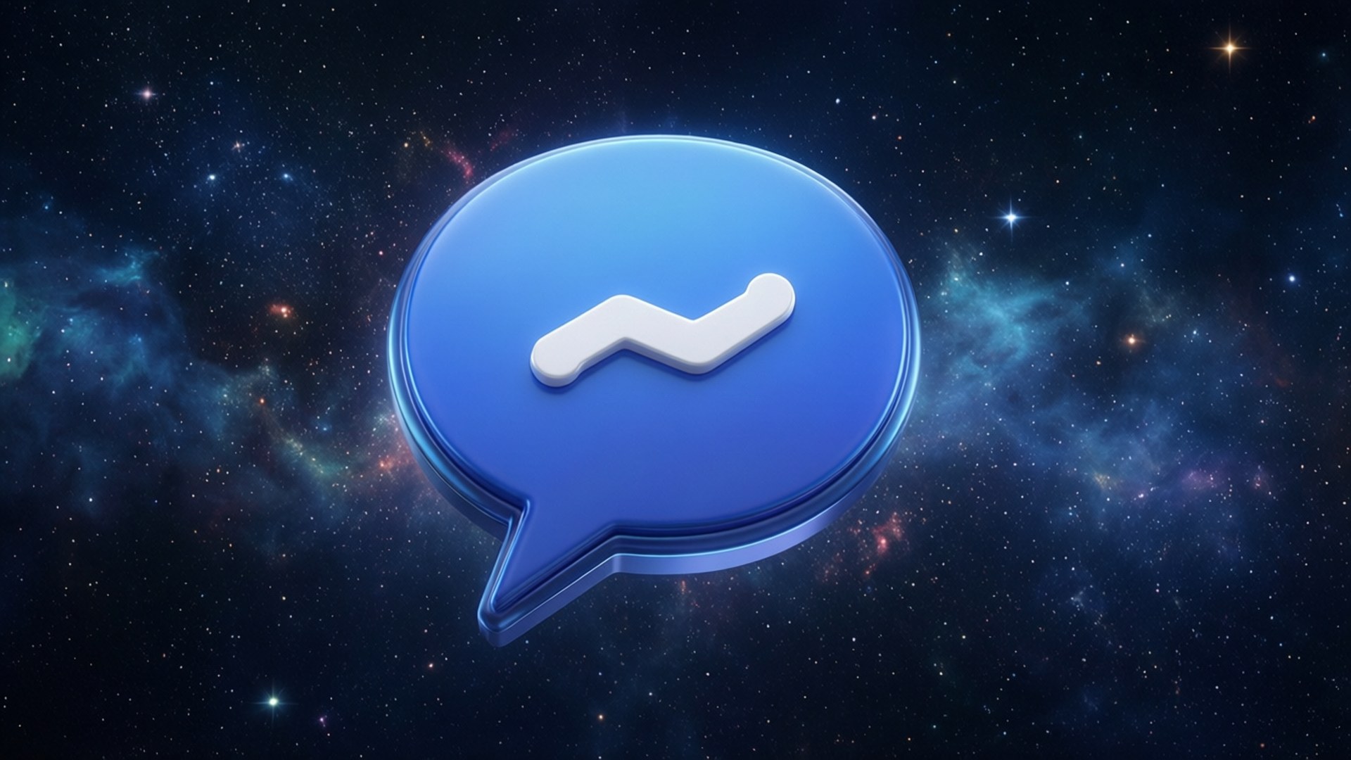 宇宙中的訊息圖標 壁紙 — 一個有光澤的藍色Messenger標誌漂浮在充滿星星和彩色星雲的活力宇宙背景上。