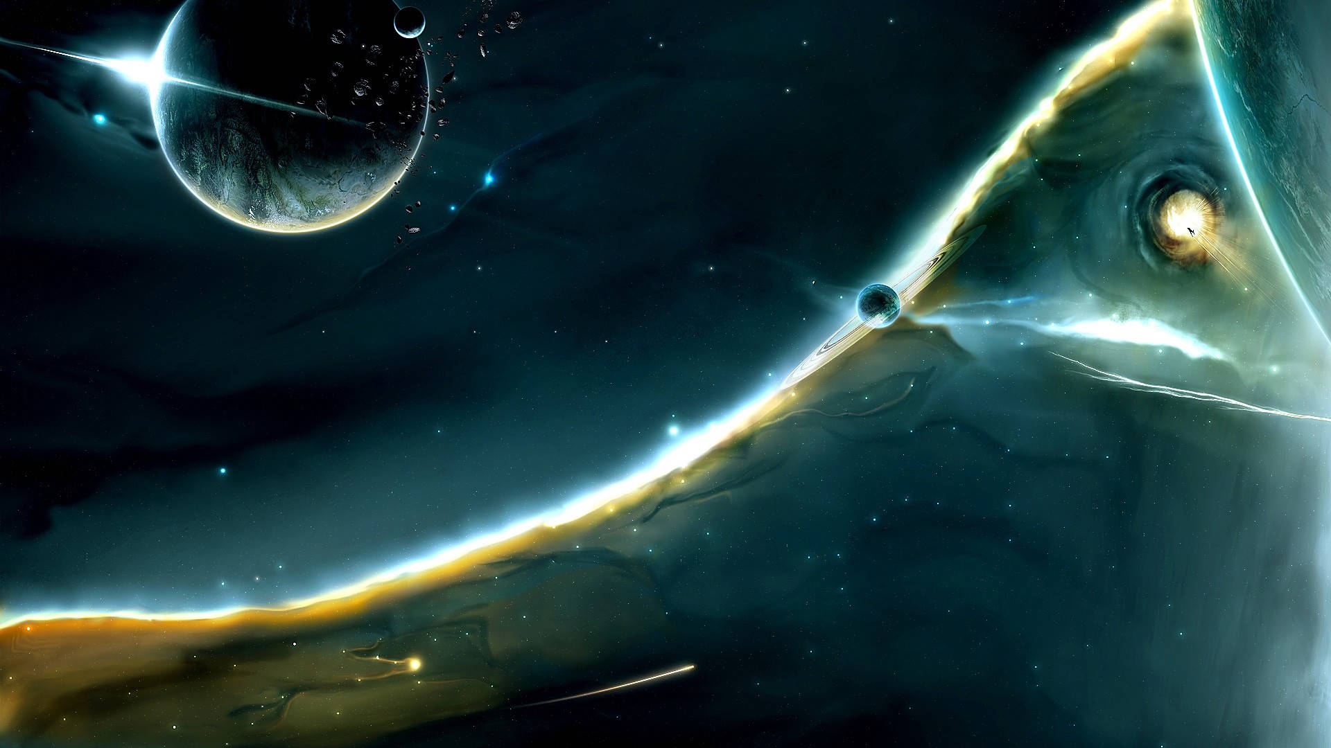 在深空中發光的星雲、行星和恆星組成的鮮豔宇宙場景。