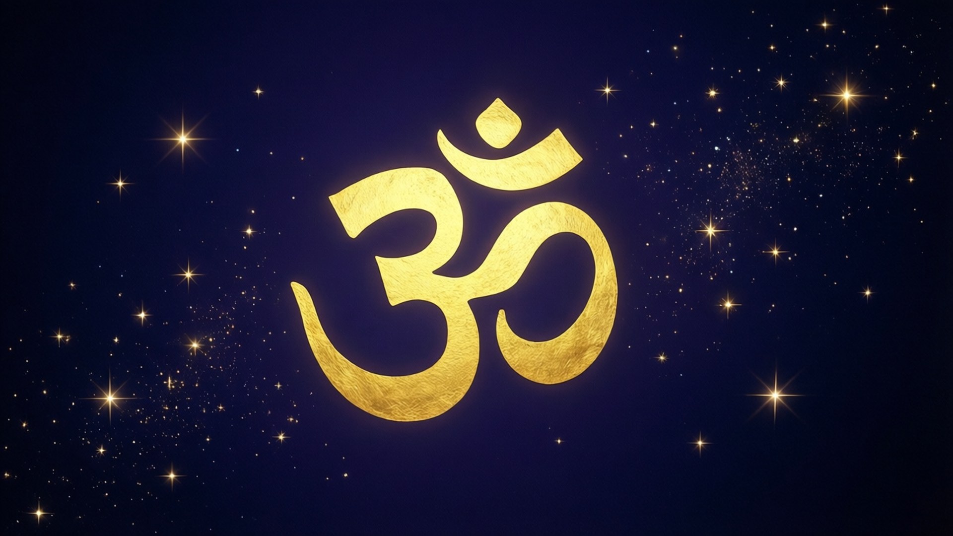 金色 Om 符號漂浮在繁星點點的夜空中，閃爍的星星