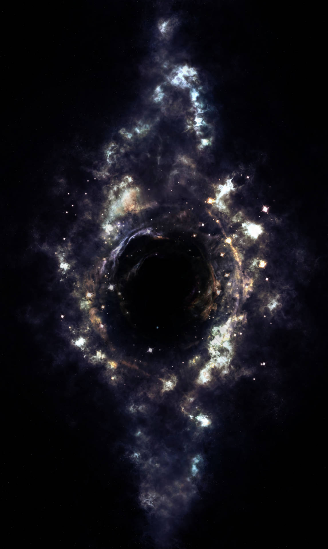 黑洞被發光的星星和藍白色宇宙雲包圍。