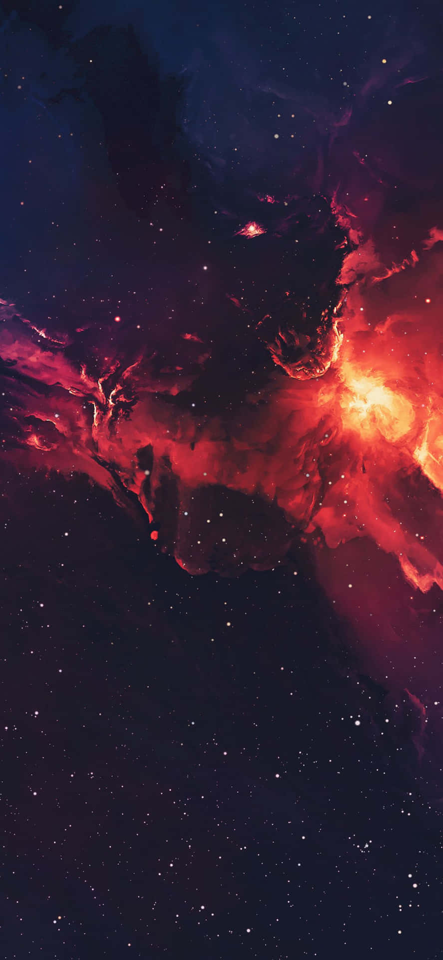 在深空中，無數恆星之間，火紅和紫色的星雲發光。