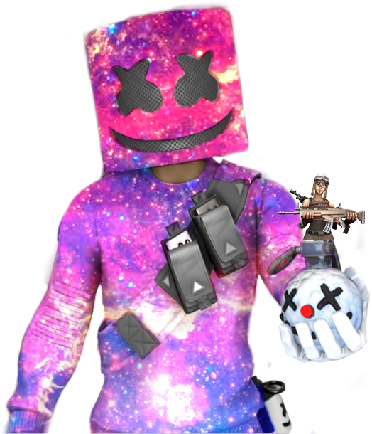 宇宙主題馬希梅洛服裝 壁紙 — 一個穿著銀河主題Marshmello頭盔和服裝的角色，手持手榴彈和槍，旁邊有一位女兵。