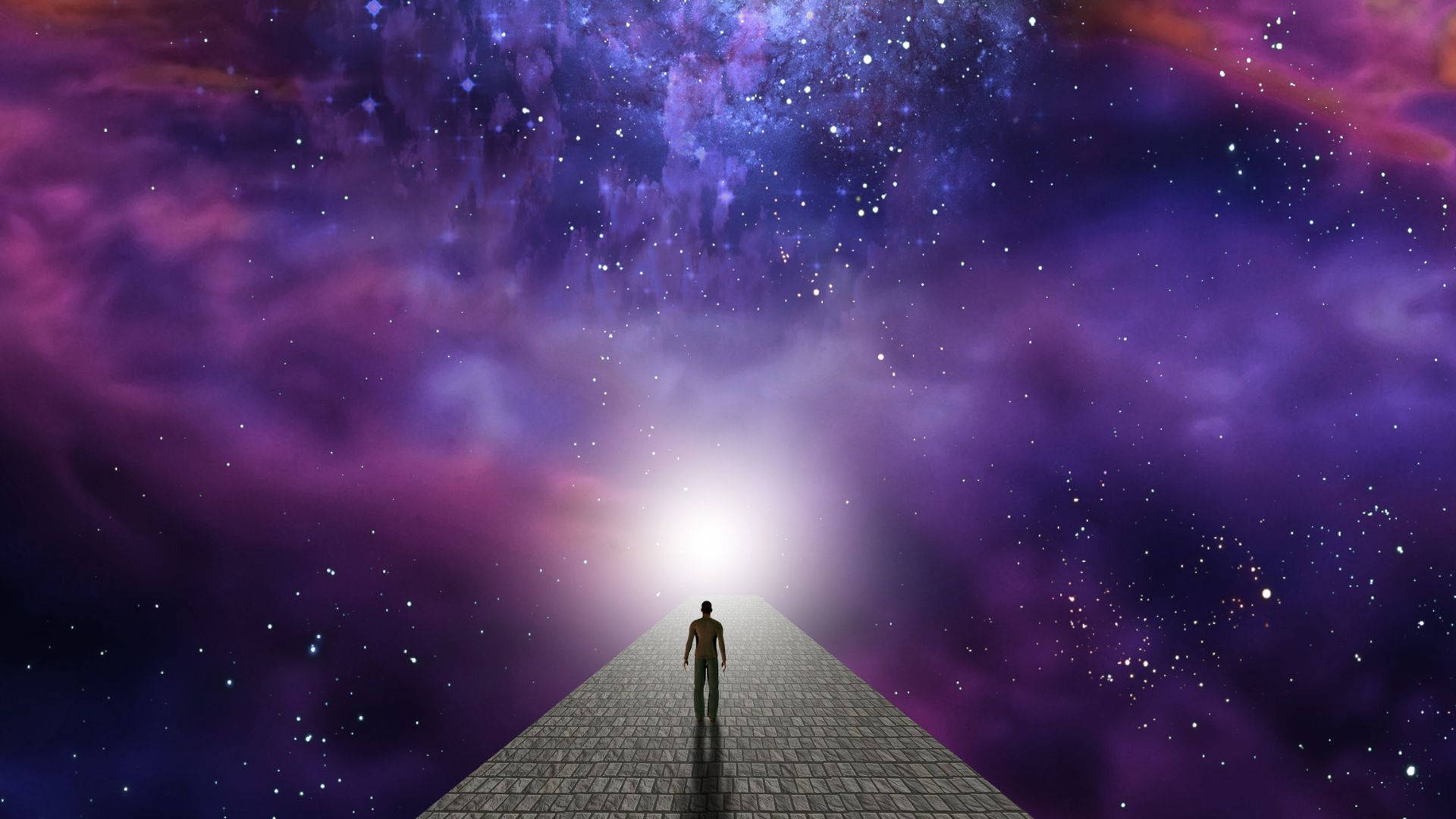 宇宙之旅 - 一人獨行向未知前進 壁紙 — 一個孤獨的身影沿著石徑走向一道光芒，在旋轉的紫色和藍色宇宙天空下。