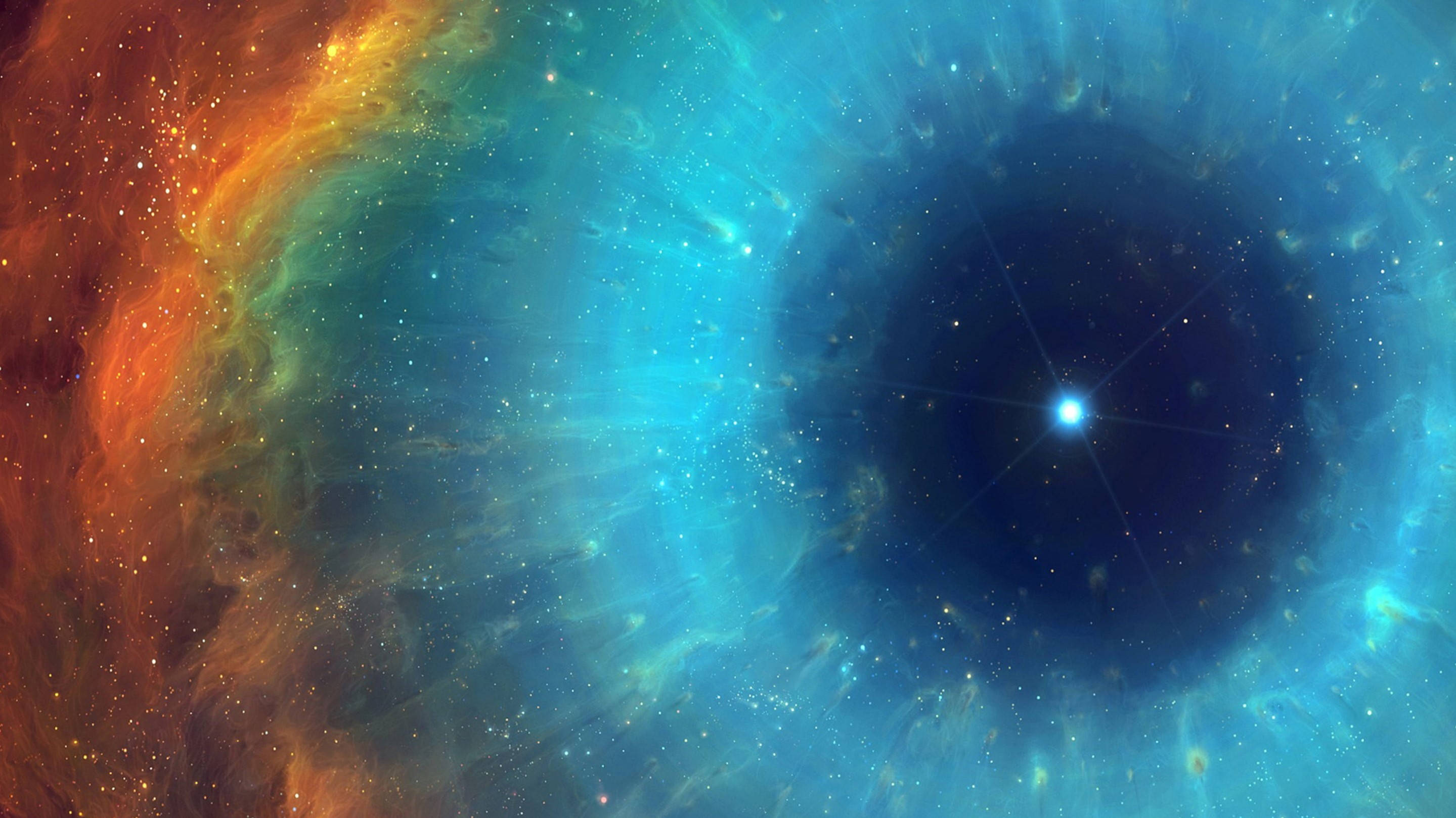 宇宙之眼 壁紙 — 一個宇宙星雲以火橙色和電光藍色旋轉，中心有一顆明亮的恆星，周圍環繞著發光的氣體雲。