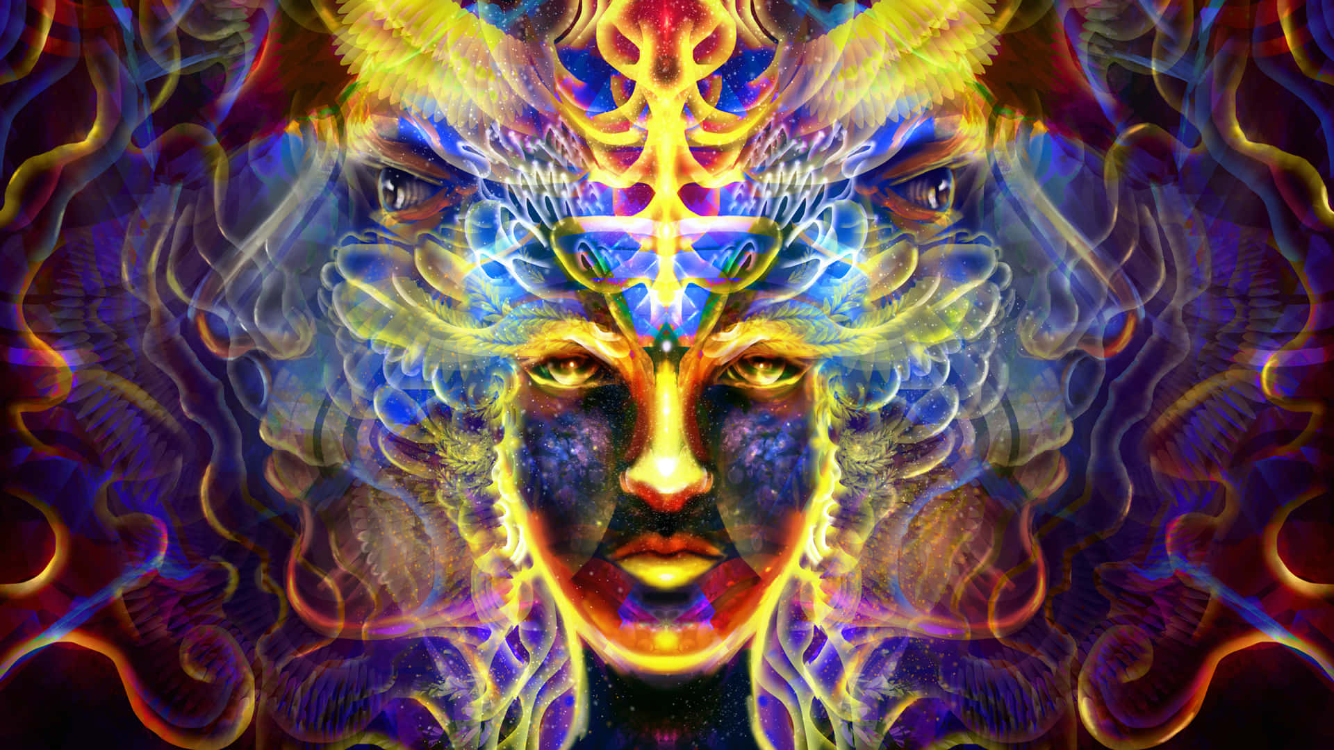 一個發光的宇宙面孔，帶有翅膀，霓虹能量在周圍旋轉。