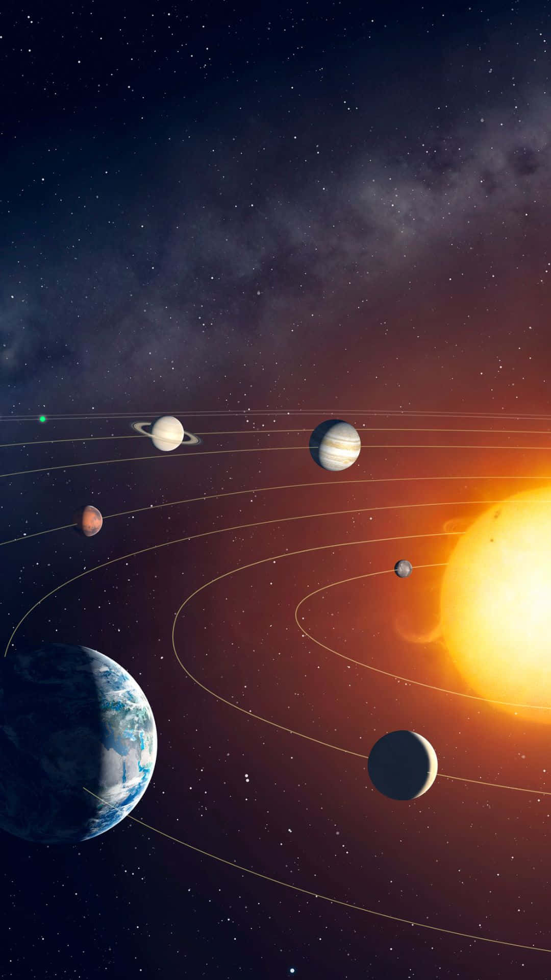 行星在佈滿星星的太空場景中圍繞明亮的太陽運行。