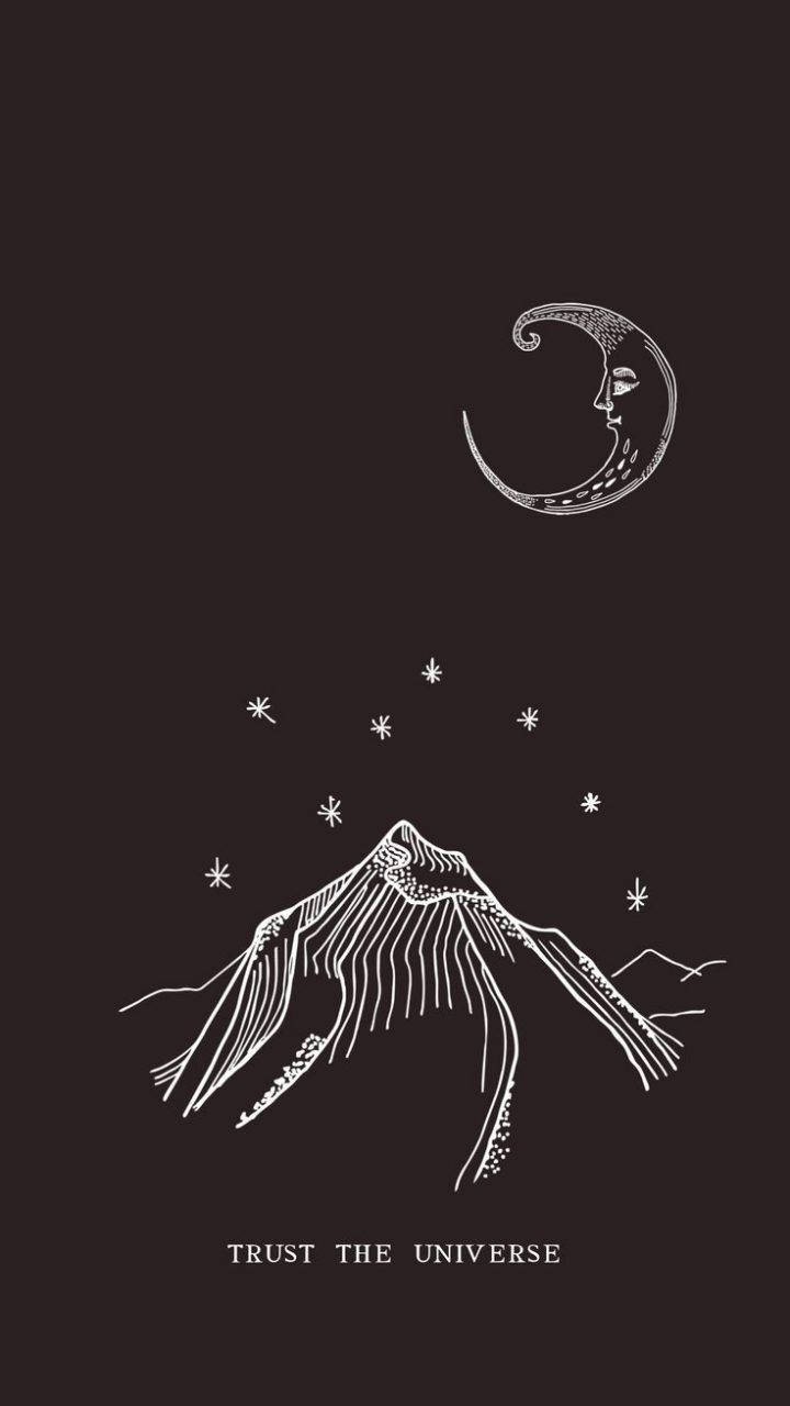 星空下，山脈上方帶有臉孔的彎月，附有文字 trust the universe。
