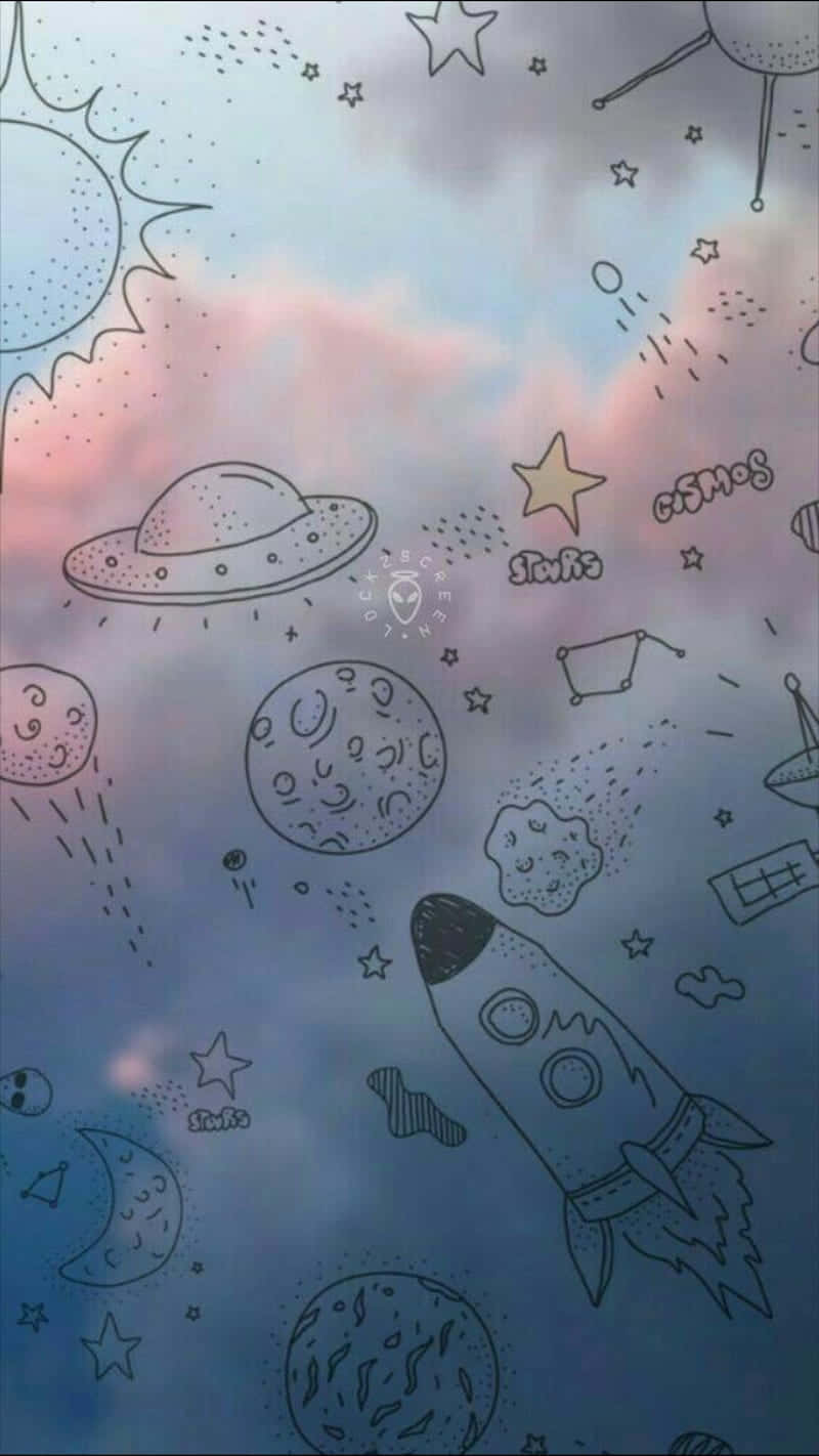 手繪太空塗鴉，在粉彩天空背景上有火箭、UFO 和行星。