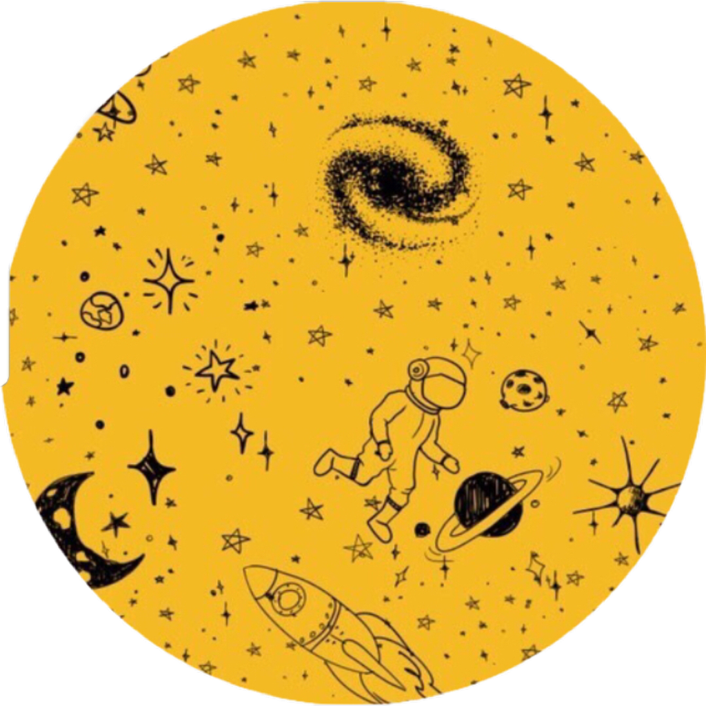 宇宙冒險宇航員插圖 壁紙 — 在充滿活力的黃色圓形背景上，一個古怪的黑色線條繪畫，描繪一名太空人在星星、行星和火箭之間漂浮。