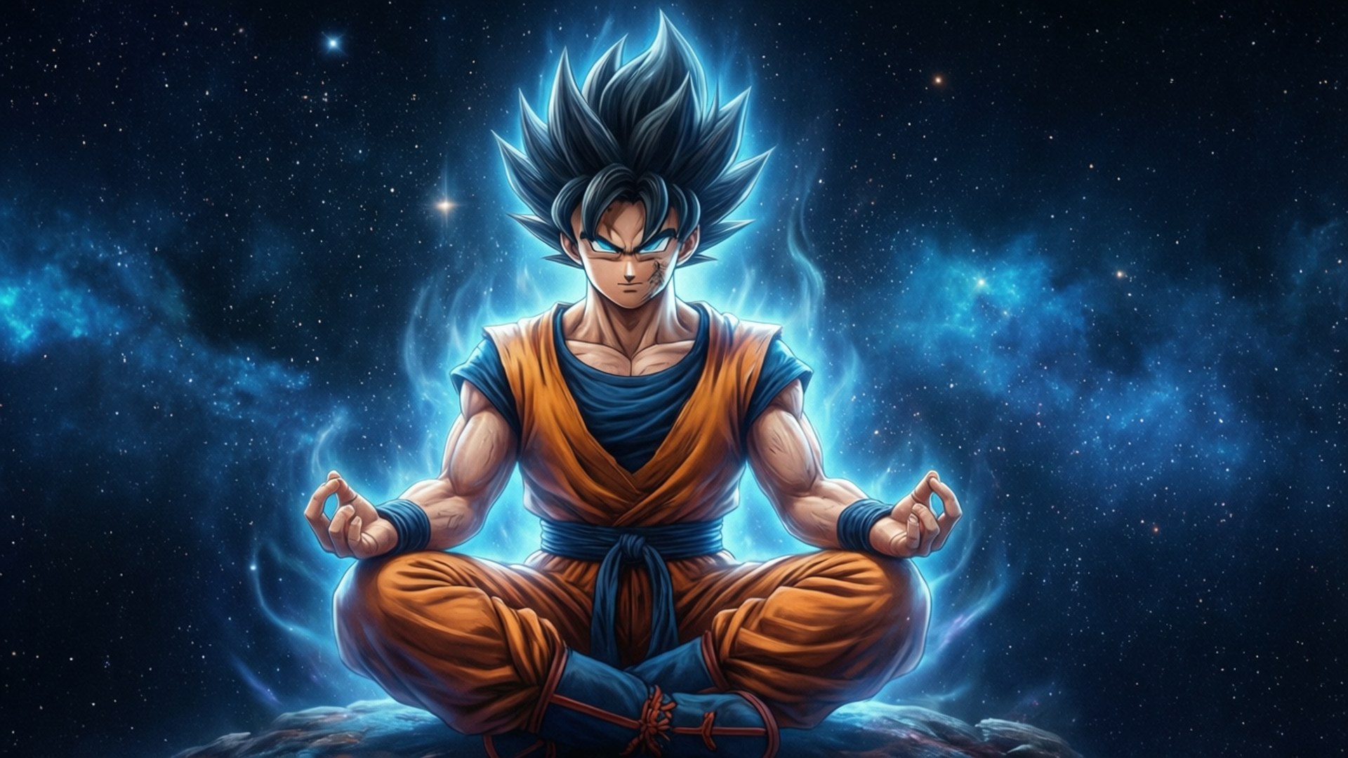 宇宙冥想 壁紙 — 一位強大的動漫戰士在宇宙場景中冥想，身後有發光的藍色能量和星雲。
