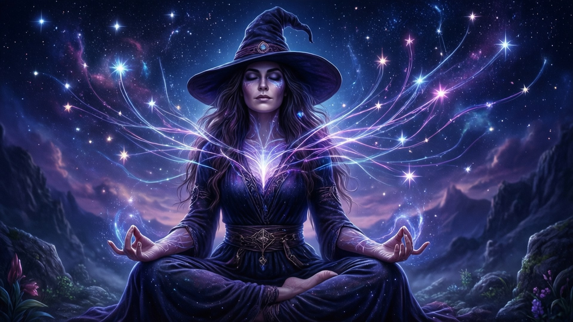 宇宙冥想 壁紙 — 一位神秘女巫在星空下冥想，宇宙能量從她的胸口流向天空。
