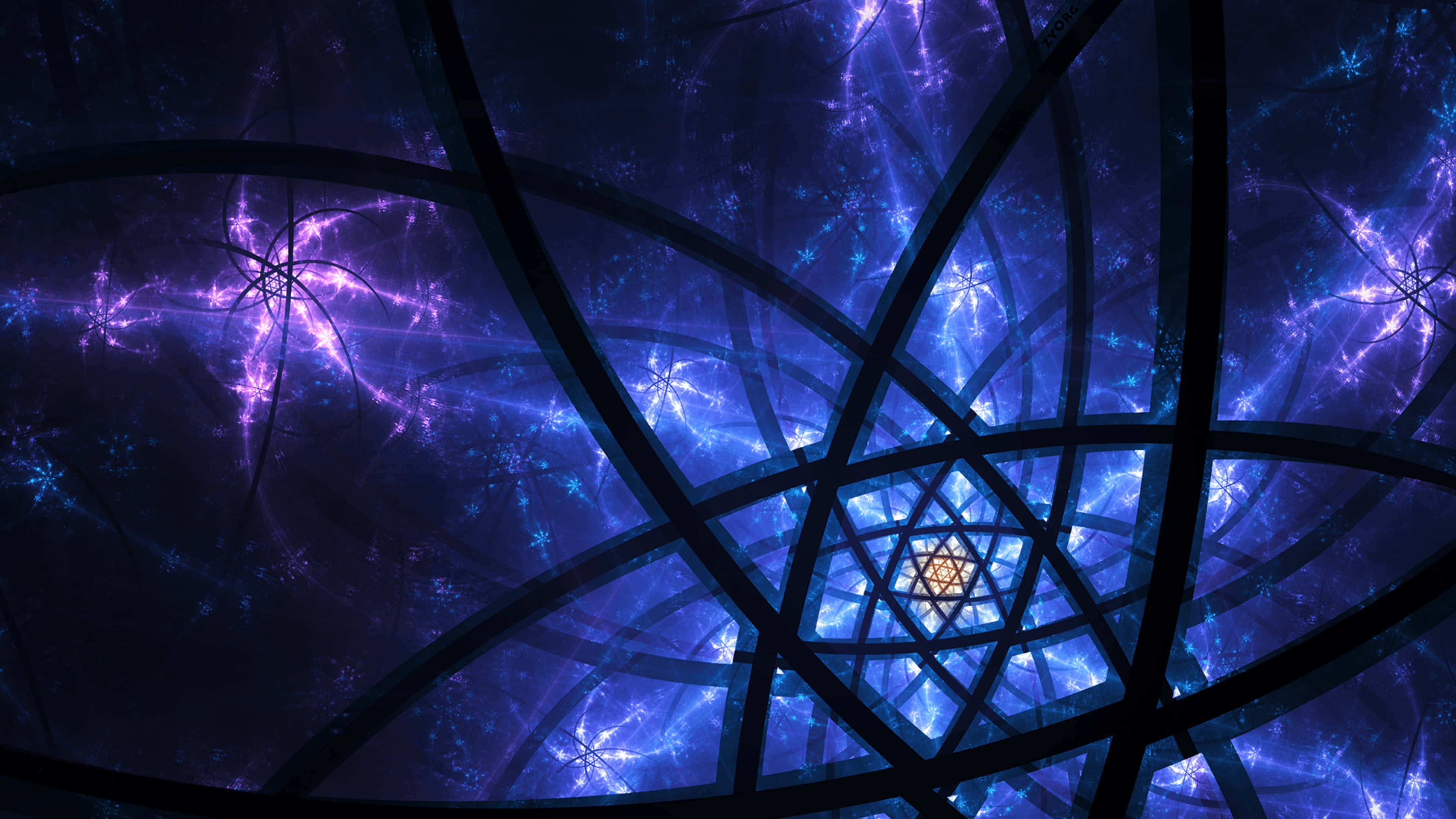 chakra 桌布 壁紙 — 宇宙分形圖案透過深色幾何網格結構散發出電光藍和紫色能量。