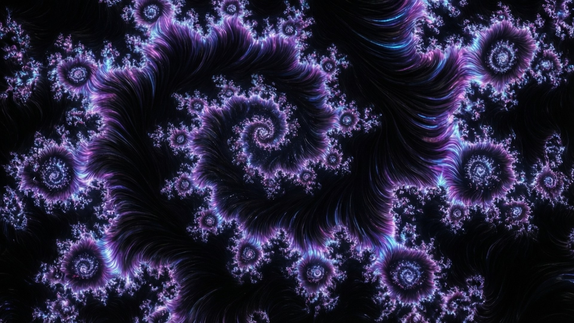 宇宙分形深淵 壁紙 — 充滿活力的紫色和藍色分形螺旋在深黑色背景上以複雜的自相似圖案綻放。